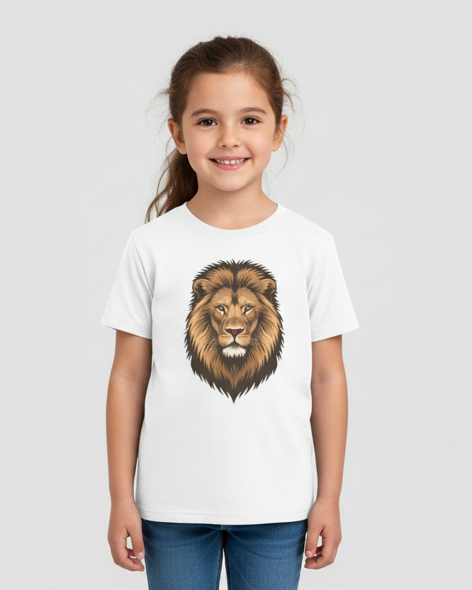 Kids white t-shirt with realistic lion face print, unisex animal themed children’s t-shirt