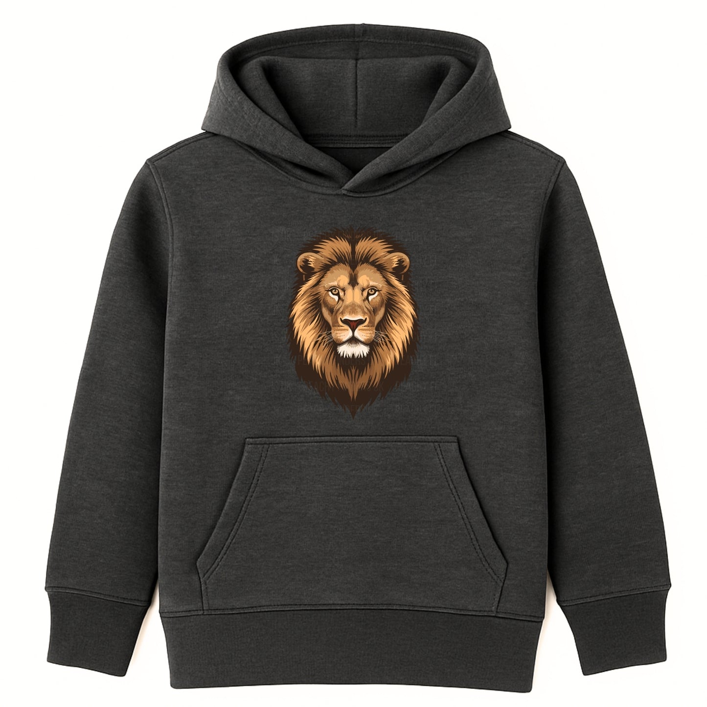 Kids charcoal grey lion hoodie with bold lion face design, unisex children’s animal sweatshirt