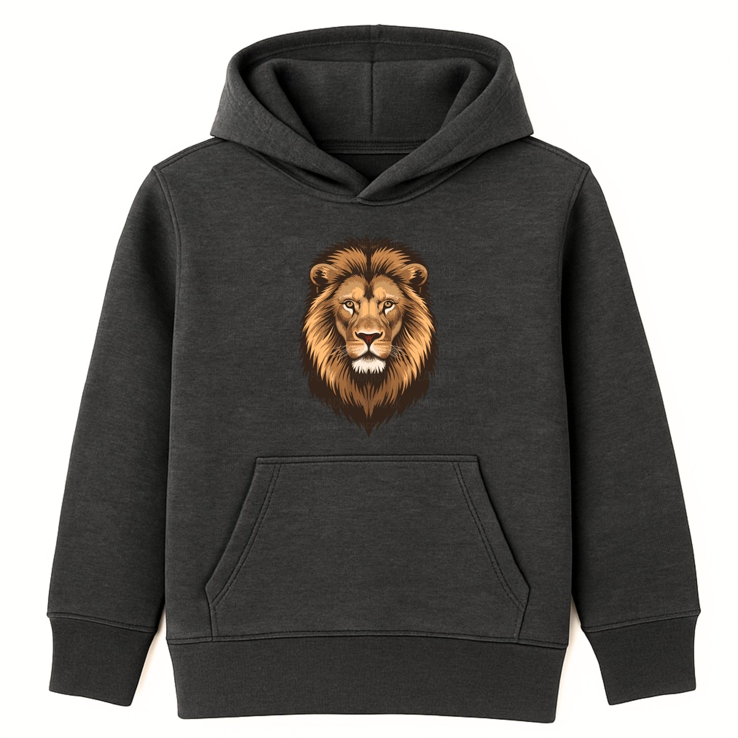Kids charcoal grey lion hoodie with bold lion face design, unisex children’s animal sweatshirt