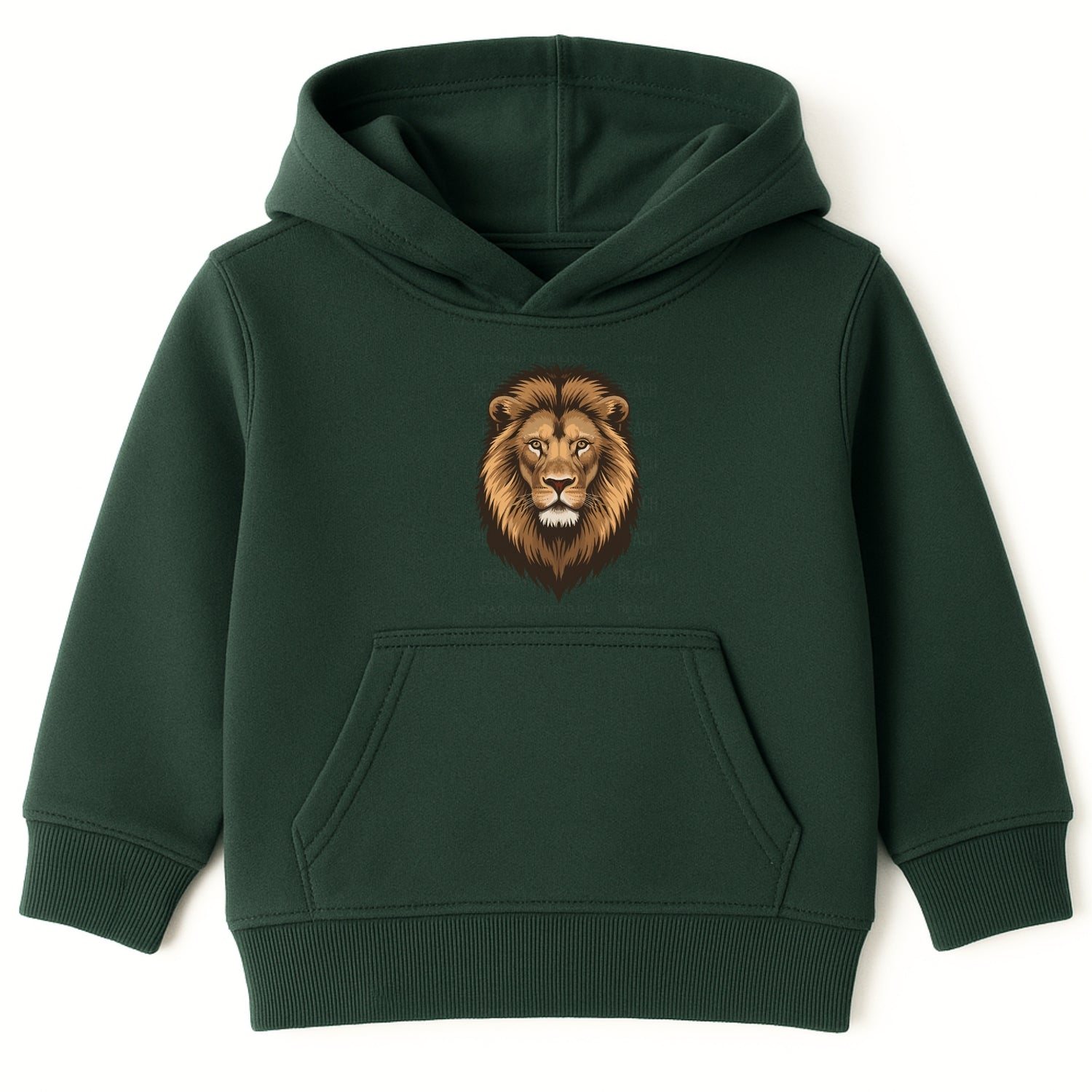Kids dark green lion hoodie with lion face graphic print, boys animal hoodie front view