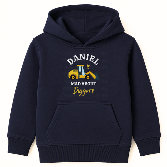 Navy kids hoodie with yellow digger illustration and personalised text Daniel is mad about diggers printed on the front.