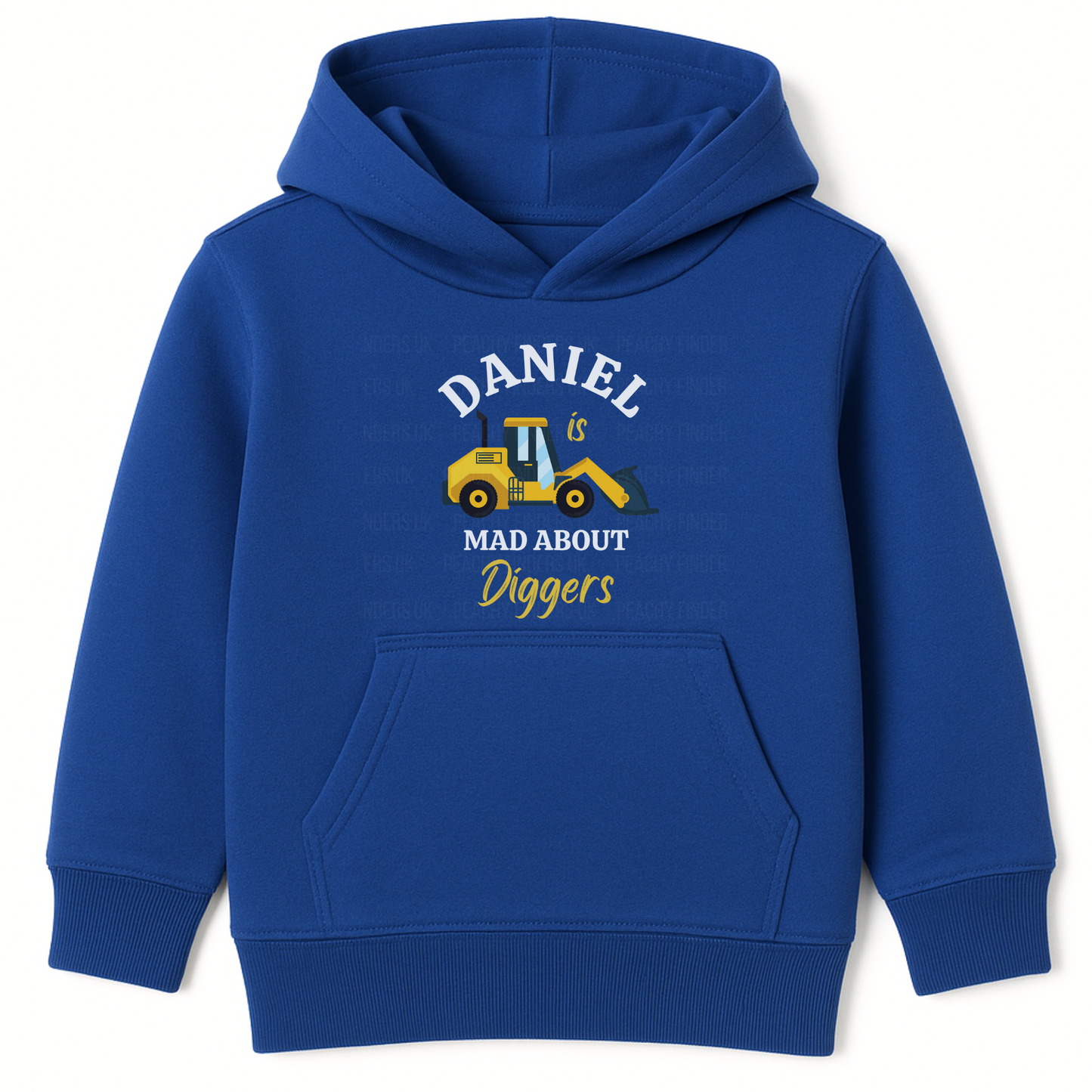 Royal blue kids hoodie with yellow digger illustration and personalised text Daniel is mad about diggers printed on the front.