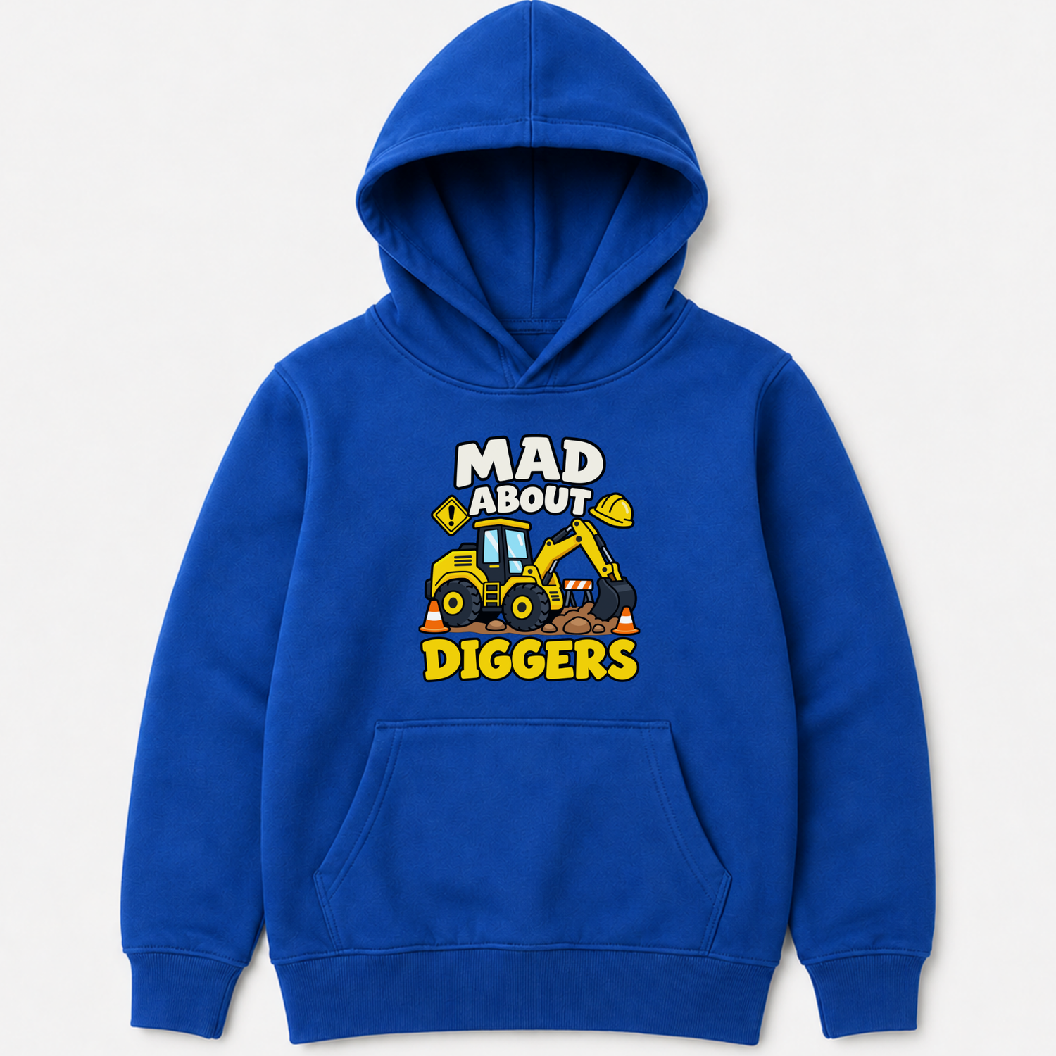 A royal blue kids' pullover hoodie featuring a front pocket and a graphic illustration of a yellow excavator with the text "MAD ABOUT DIGGERS".
