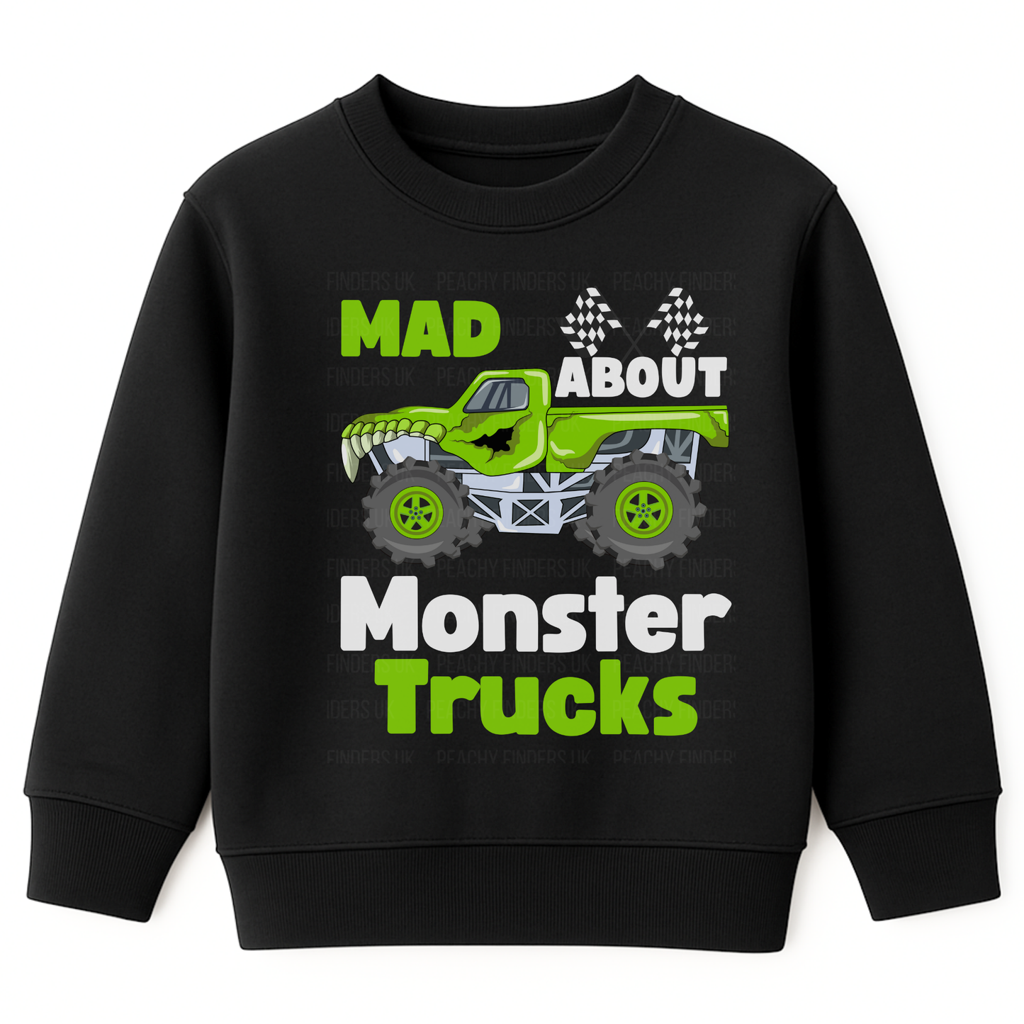 Kids Black sweatshirt with a green monster truck and checkered flags graphic and text "Mad about Monster Truck"