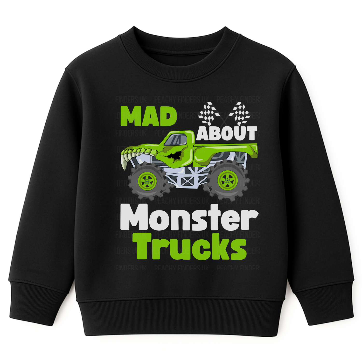 Kids Black sweatshirt with a green monster truck and checkered flags graphic and text "Mad about Monster Truck"