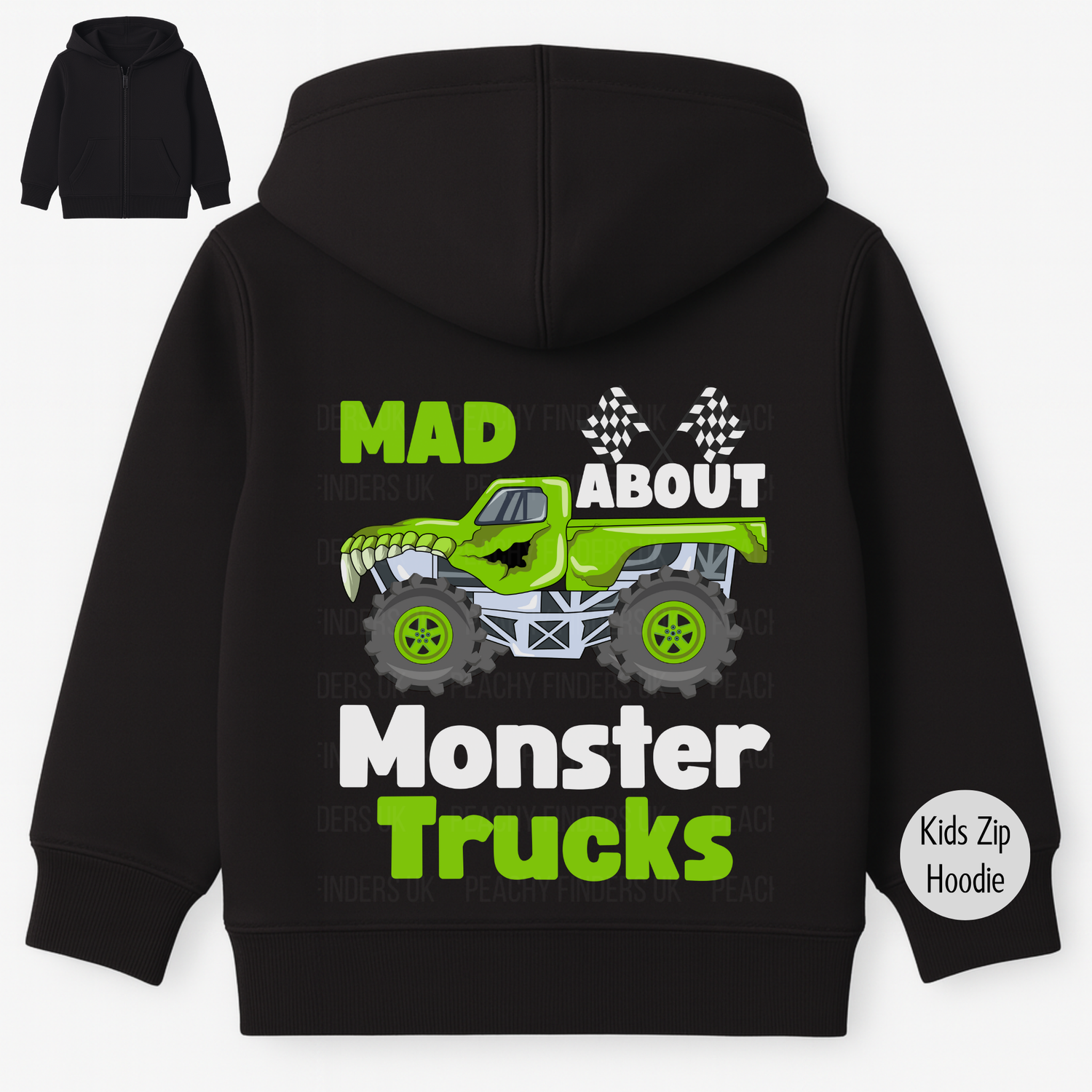 Kids black zip hoodie with green monster truck and “Mad About Monster Trucks” slogan printed on the back.