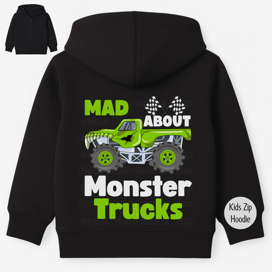 Kids black zip hoodie with green monster truck and “Mad About Monster Trucks” slogan printed on the back.