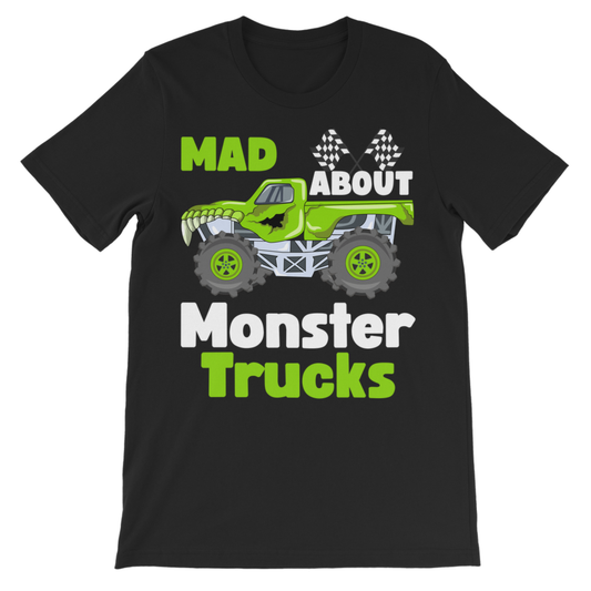 Flat lay of black kids T-shirt with bright green monster truck and “Mad About Monster Trucks” slogan printed on the front.