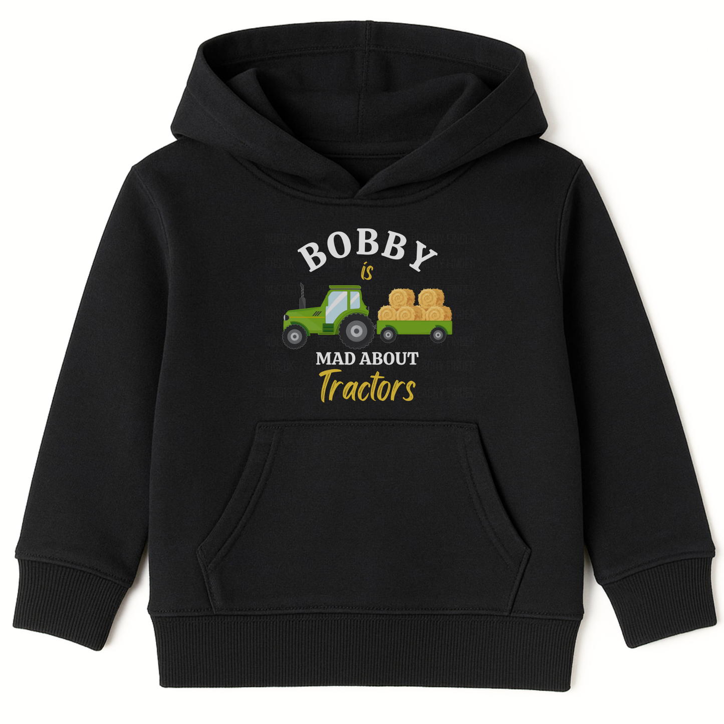 Kids black hoodie with personalised name and "Mad About Tractors” slogan and green tractor with hay bales on the front.