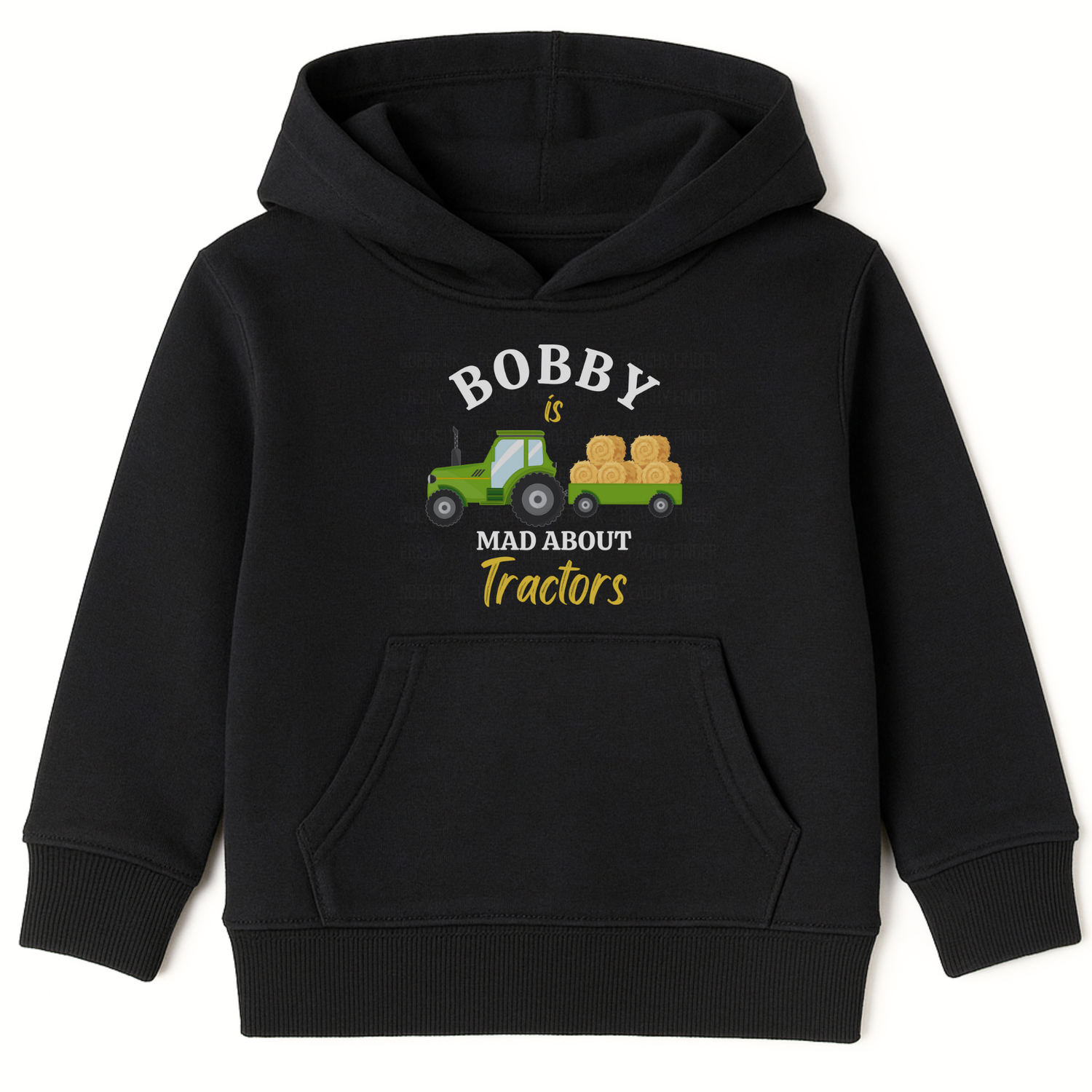 Kids black hoodie with personalised name and "Mad About Tractors” slogan and green tractor with hay bales on the front.