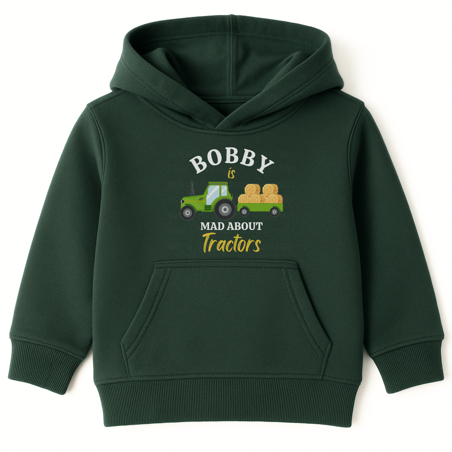 Dark green kids hoodie with “Bobby is Mad About Tractors” slogan and green tractor with hay bales on the front.