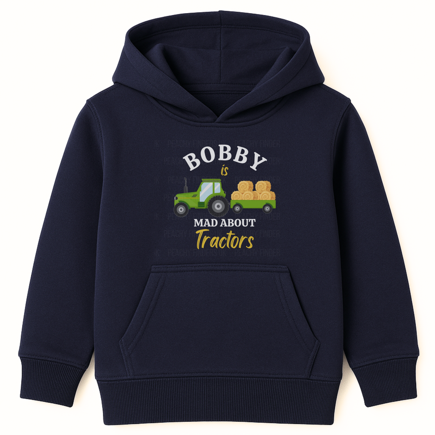 Kids navy hoodie with personalised name and "Mad About Tractors” slogan and green tractor with hay bales on the front.