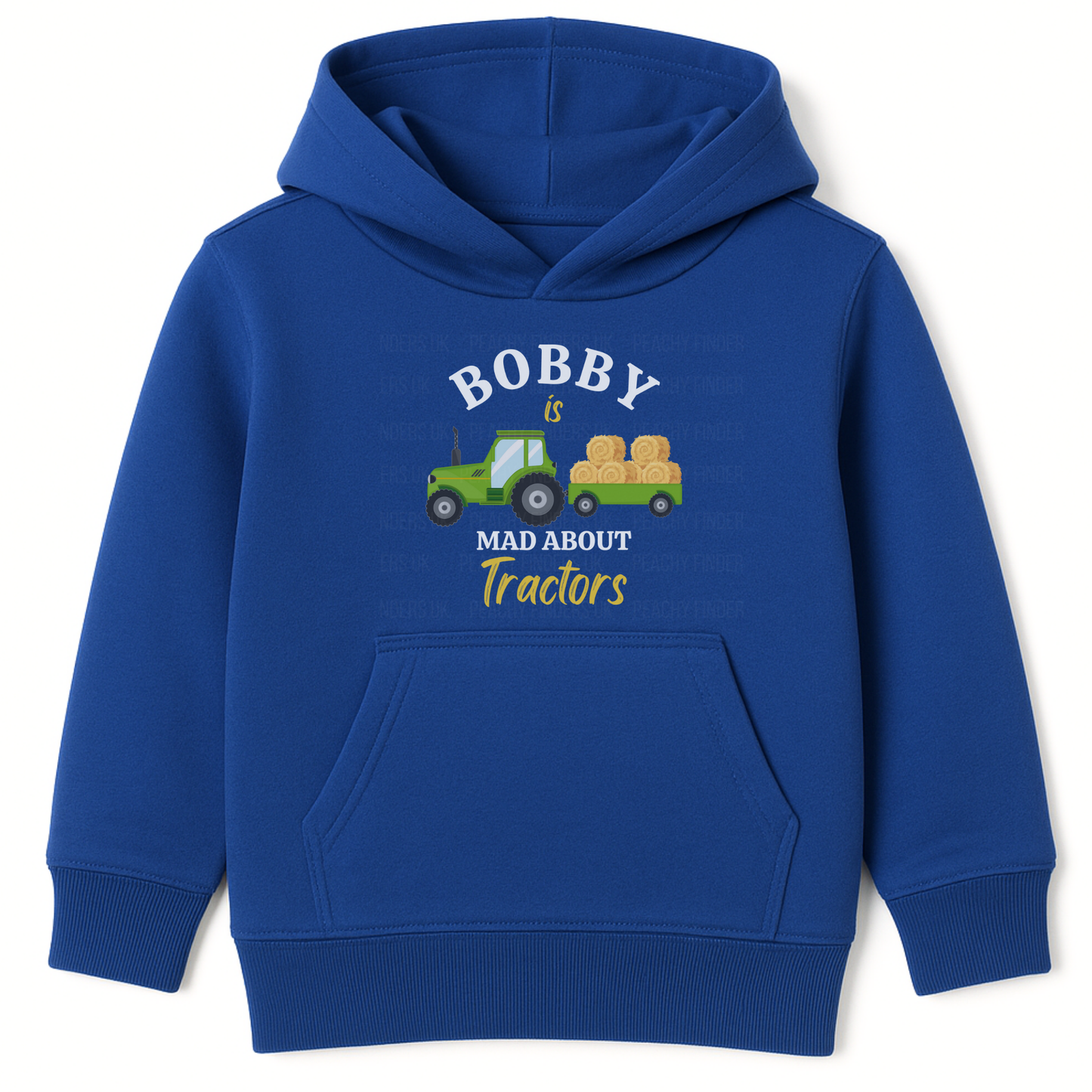 Kids royal blue hoodie with personalised name and "Mad About Tractors” slogan and green tractor with hay bales on the front.