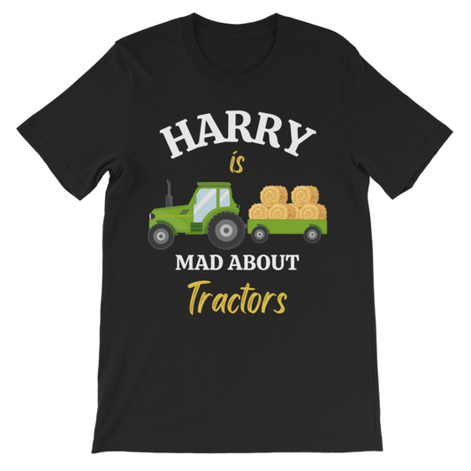 kids personalised green farm tractor and trailer with the phrase 'mad about tractors' with  personalised child's name