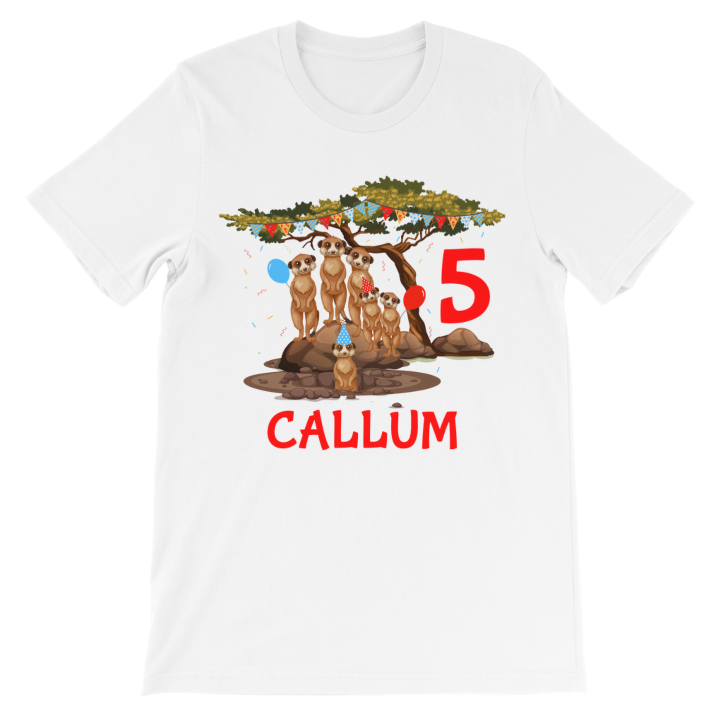 Personalised kids meerkat family birthday T-shirt with custom name Callum and age 5 printed on the front.
