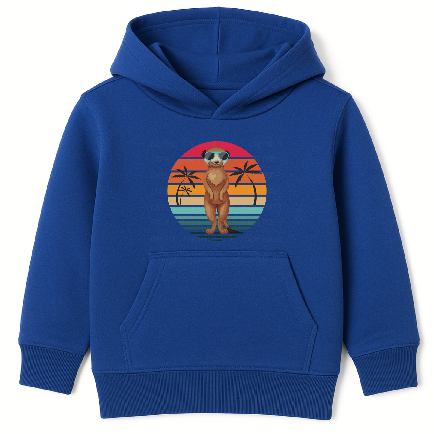 Kids royal blue hoodie with cool meerkat wearing sunglasses graphic and retro sunset background