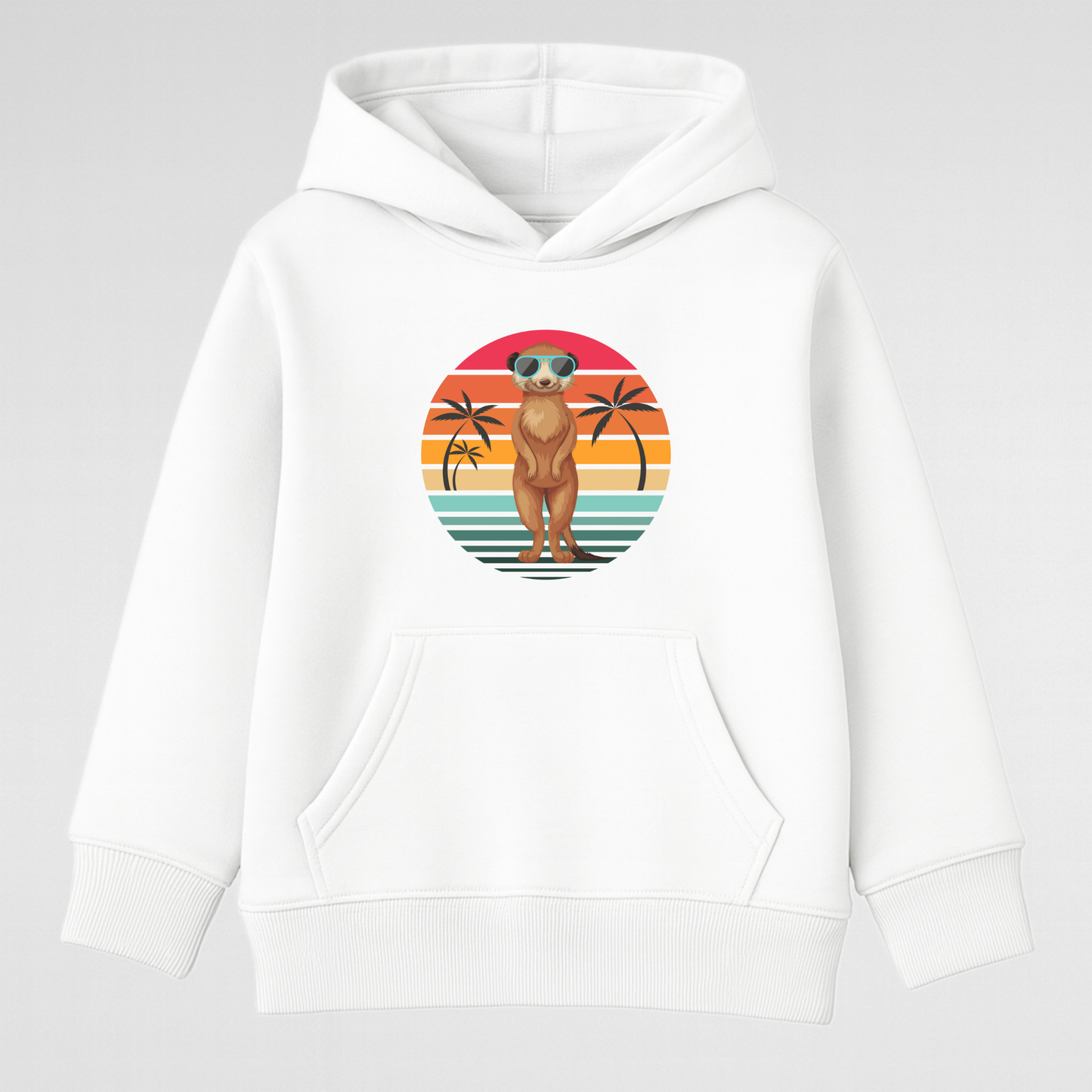 Kids white hoodie featuring meerkat in sunglasses with colourful sunset palm tree design