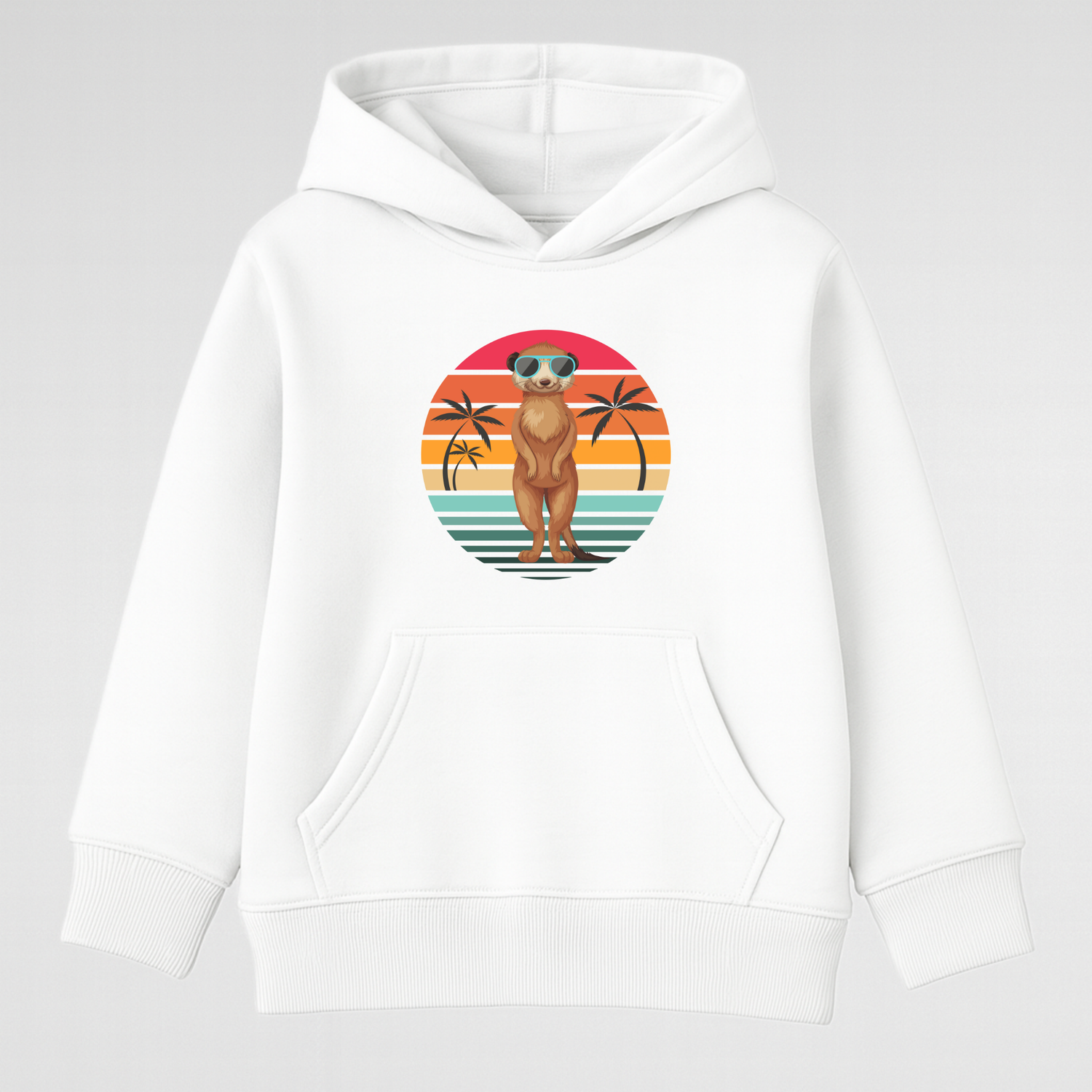 Kids white hoodie featuring meerkat in sunglasses with colourful sunset palm tree design