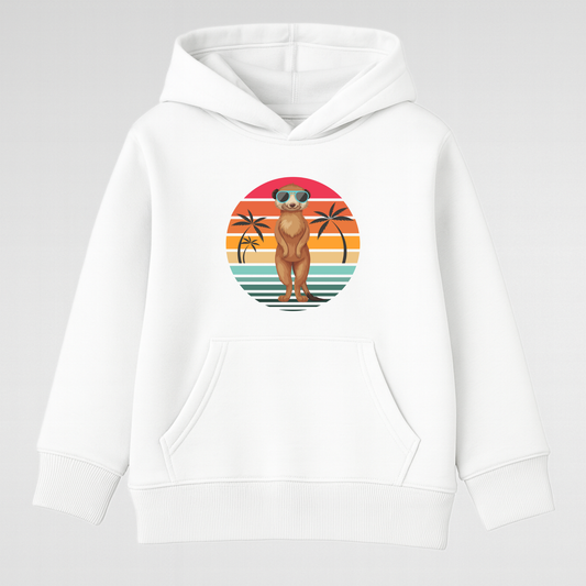 Kids white hoodie featuring meerkat in sunglasses with colourful sunset palm tree design