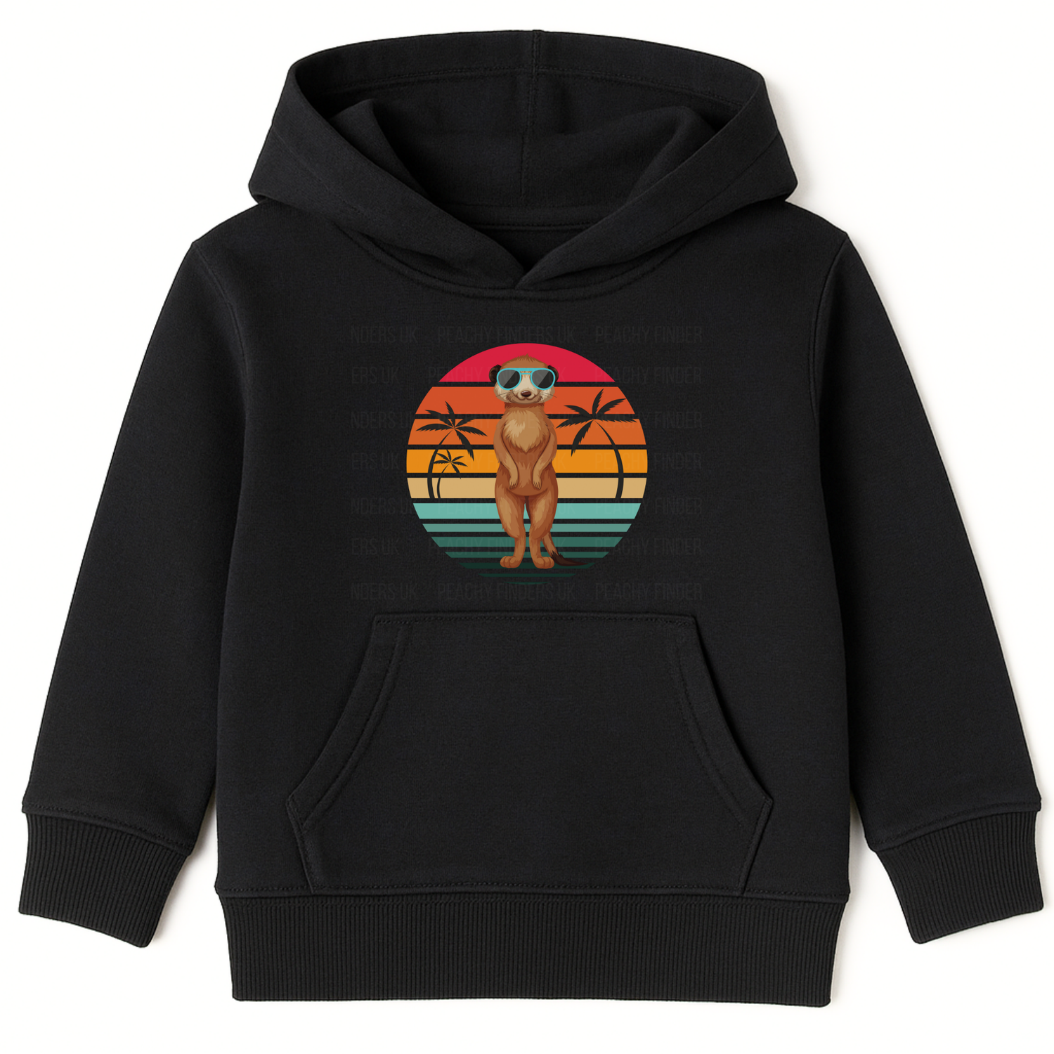Kids black hoodie with stylish meerkat sunglasses graphic and vintage sunset beach design