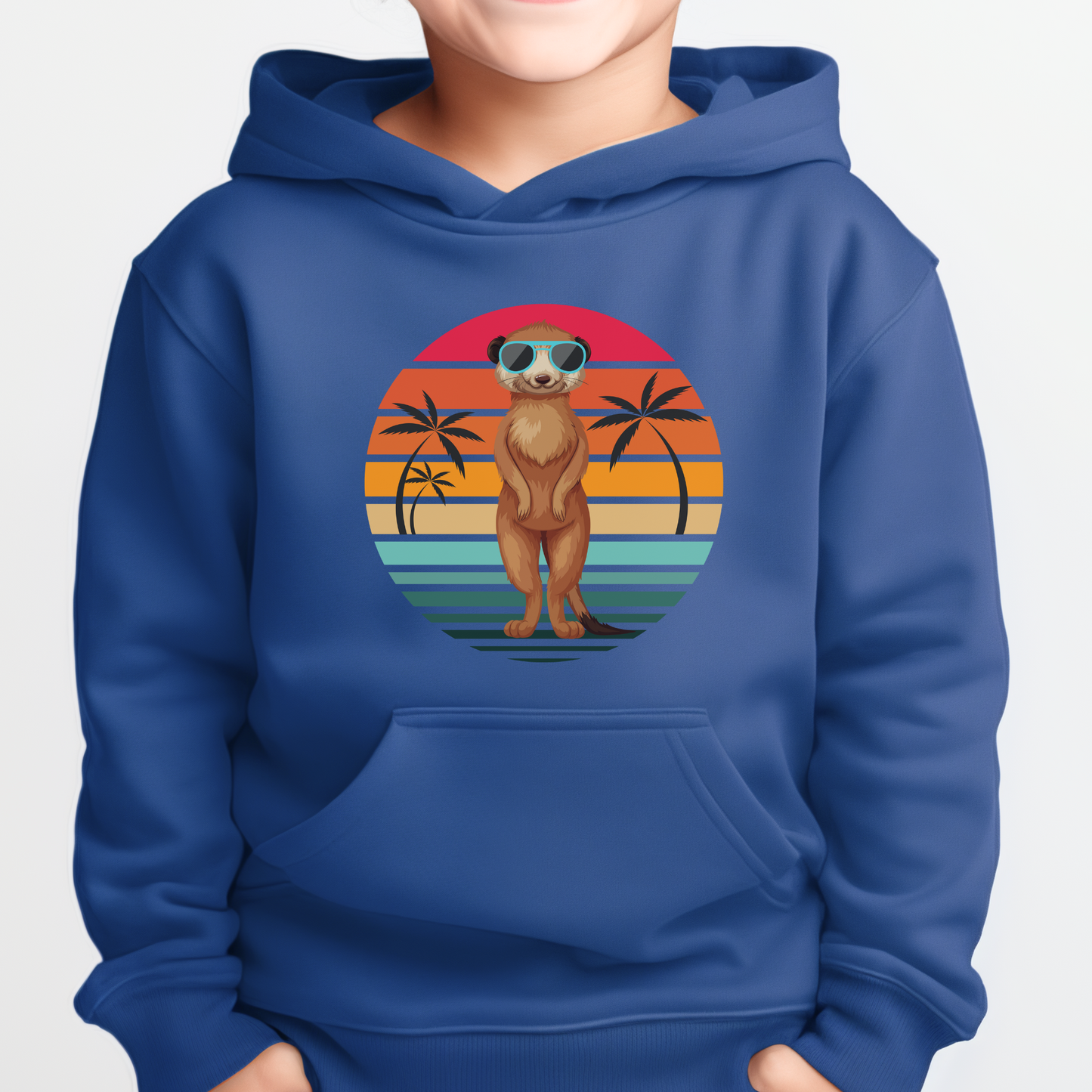 Boy wearing a royal blue hoodie with a printed design of a meerkat wearing sunglasses