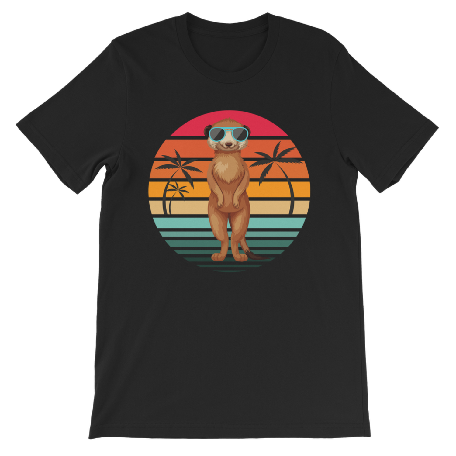 Kids Meerkat Paradise t-shirt in black with sunglasses meerkat and retro sunset palm tree graphic