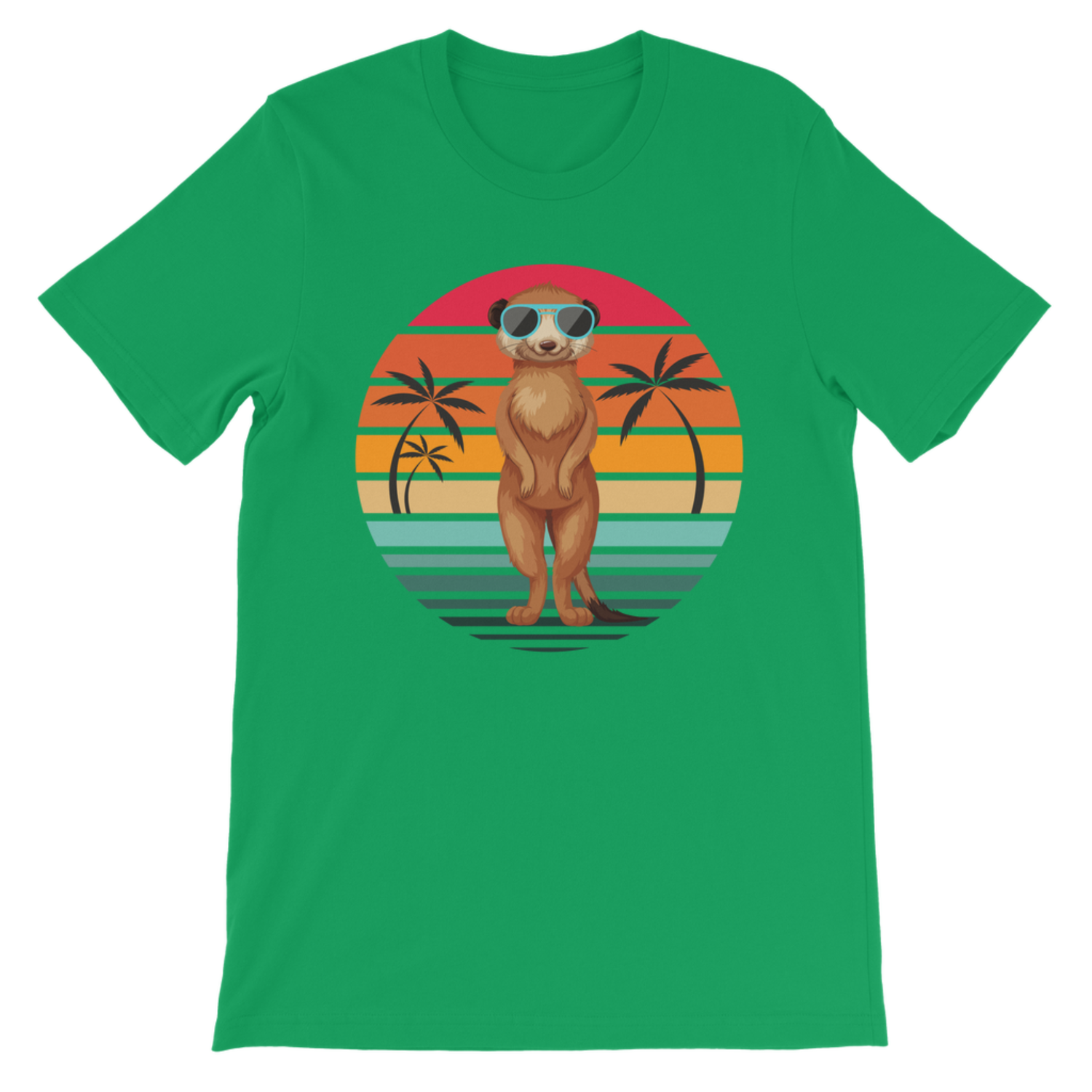Kids Meerkat Paradise t-shirt in kelly green with sunglasses meerkat and retro sunset palm tree graphic