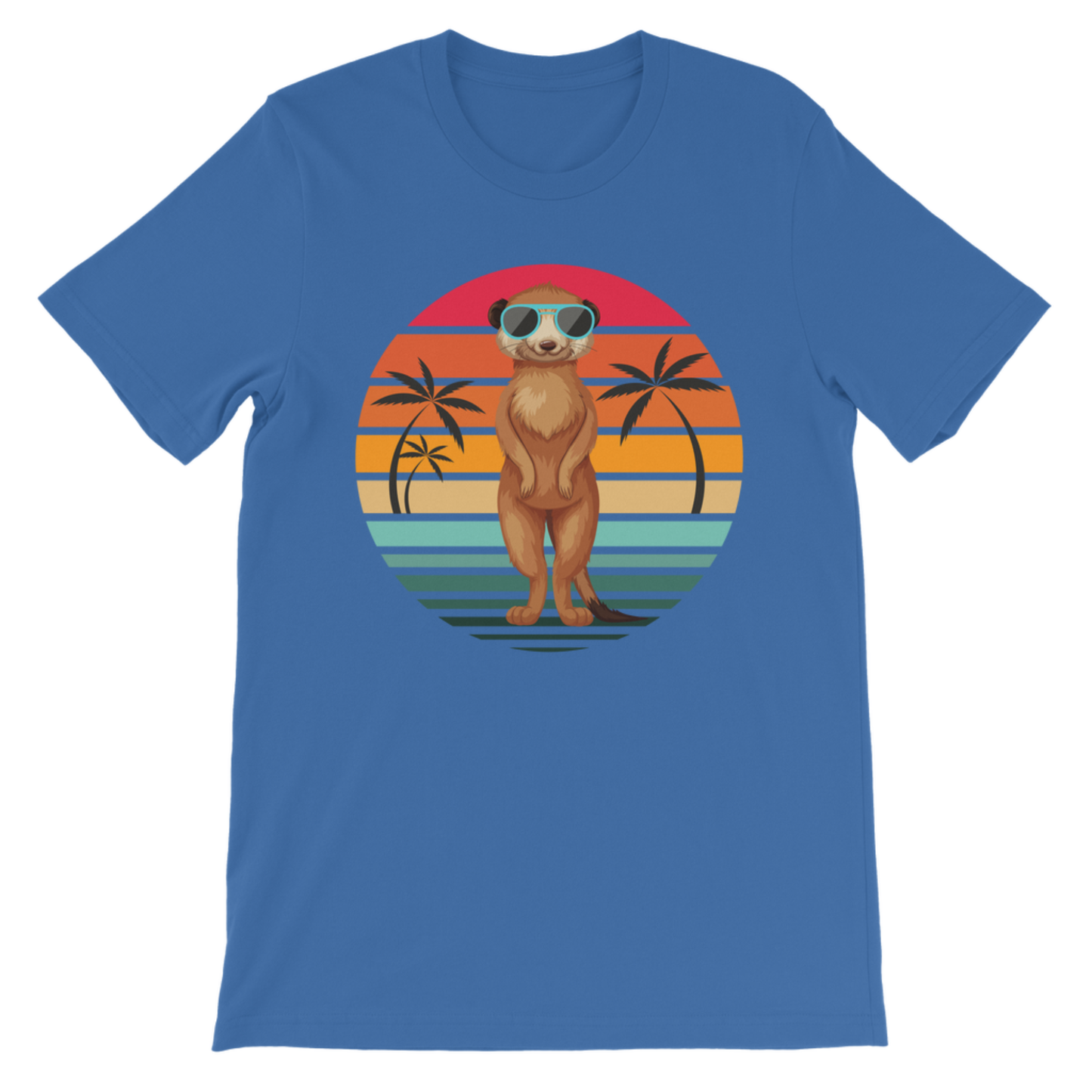 Kids Meerkat Paradise t-shirt in royal blue with sunglasses meerkat and retro sunset palm tree graphic