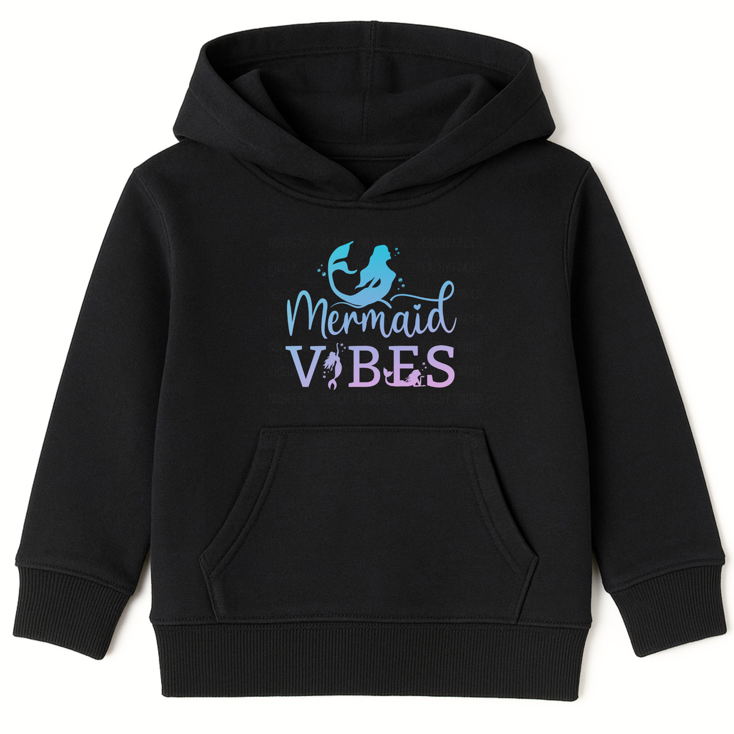 Girls black hooded sweatshirt featuring pastel “Mermaid Vibes” text with mermaid silhouette in blue and purple tones.