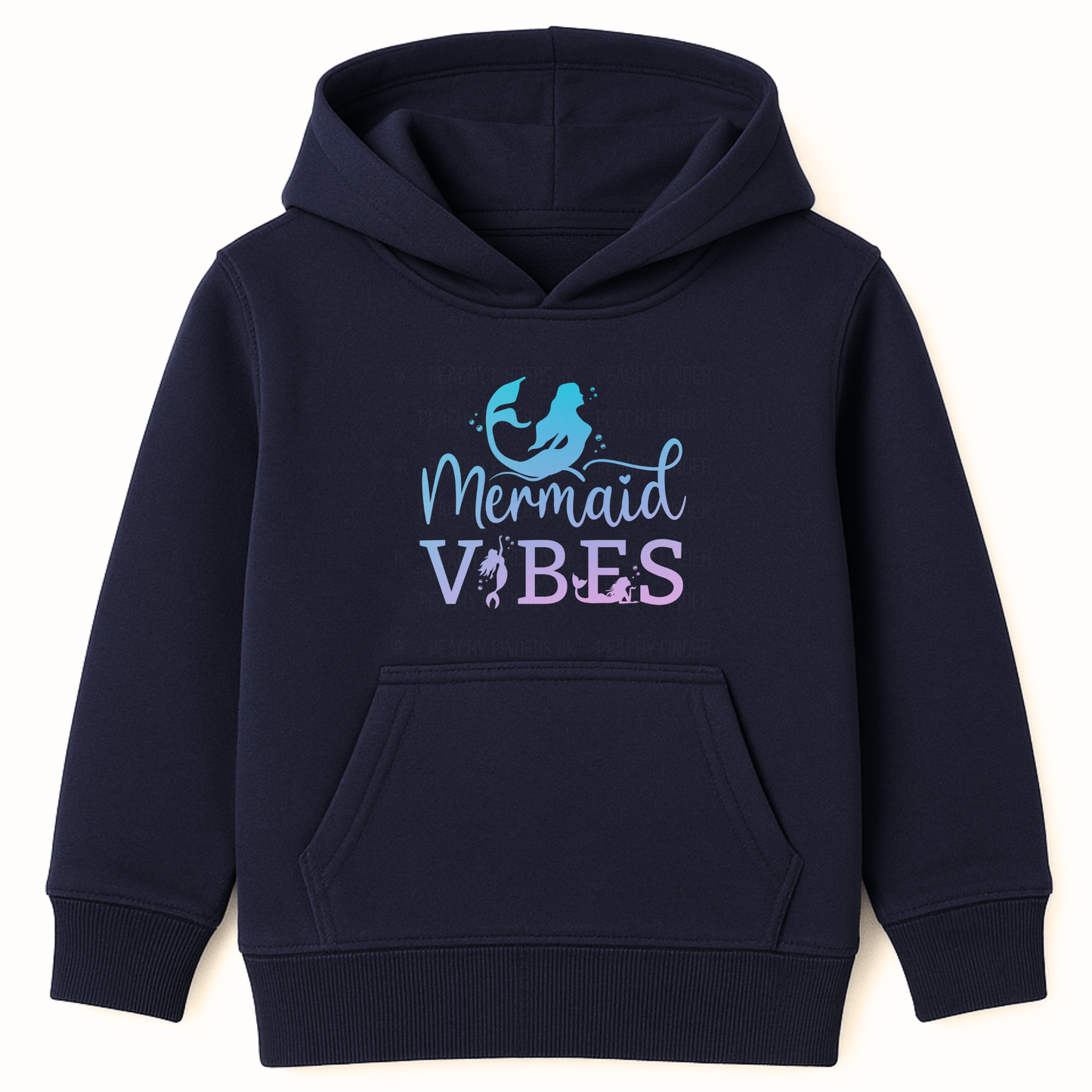 Navy girls hoodie featuring pastel “Mermaid Vibes” text with mermaid silhouette in blue and purple tones.