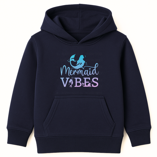 Navy girls hoodie featuring pastel “Mermaid Vibes” text with mermaid silhouette in blue and purple tones.