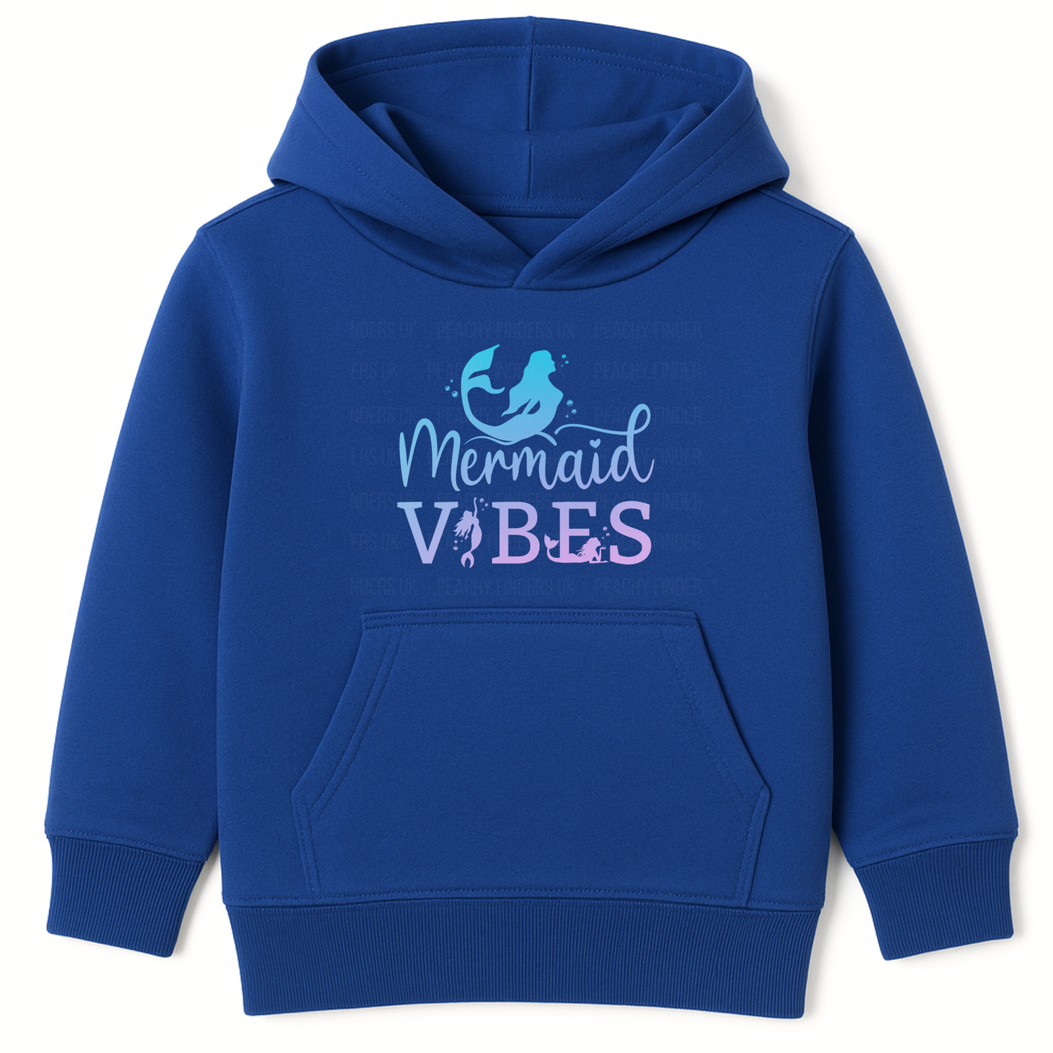 Royal blue girls hoodie featuring pastel “Mermaid Vibes” text with mermaid silhouette in blue and purple tones.