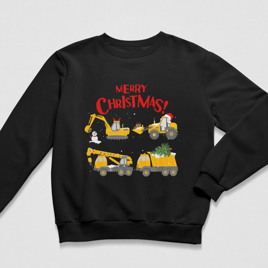 A kids black crewneck sweatshirt featuring a festive Christmas graphic with construction vehicles and the text 'MERRY CHRISTMAS!' in red, displayed on a light grey background.