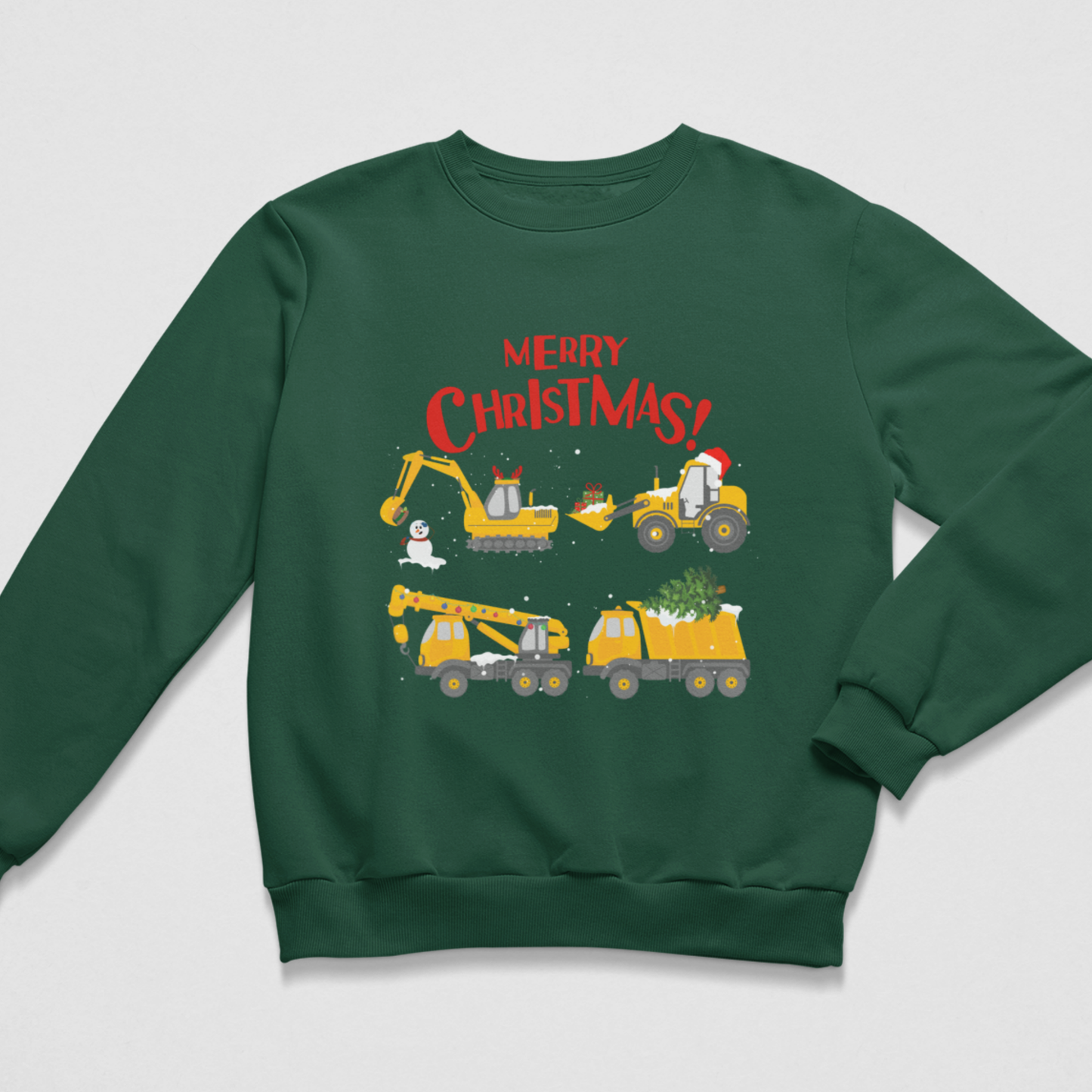 A kids dark green crewneck sweatshirt featuring a festive Christmas graphic with construction vehicles and the text 'MERRY CHRISTMAS!'.