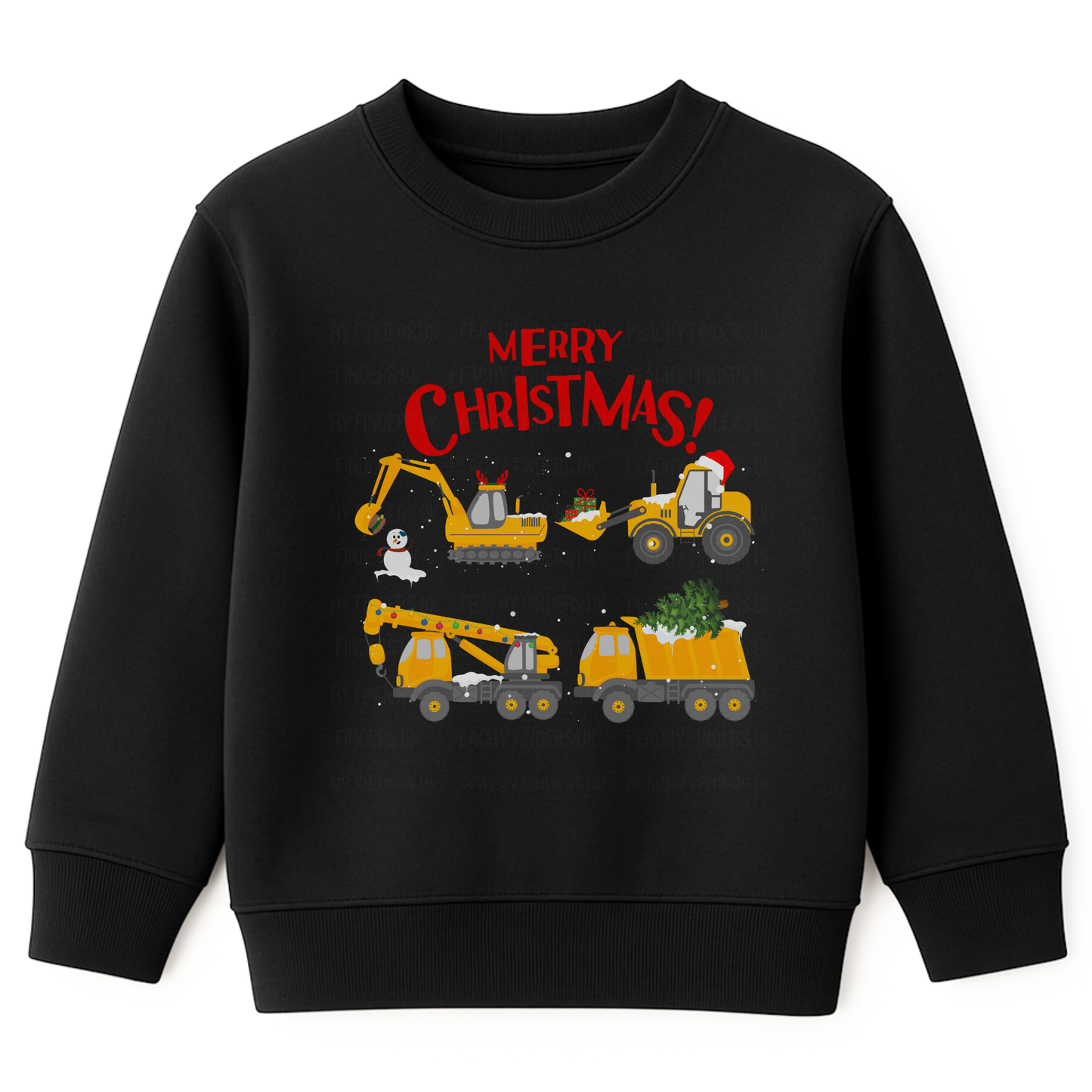 Kids black Christmas sweatshirt featuring festive construction vehicles, including diggers and trucks carrying presents and a Christmas tree, with “Merry Christmas!” text on top.