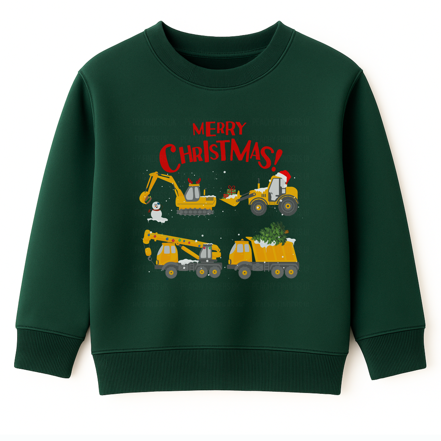 Children's dark green sweatshirt with a red 'Merry Christmas' and illustration of festive construction vehicles printed.