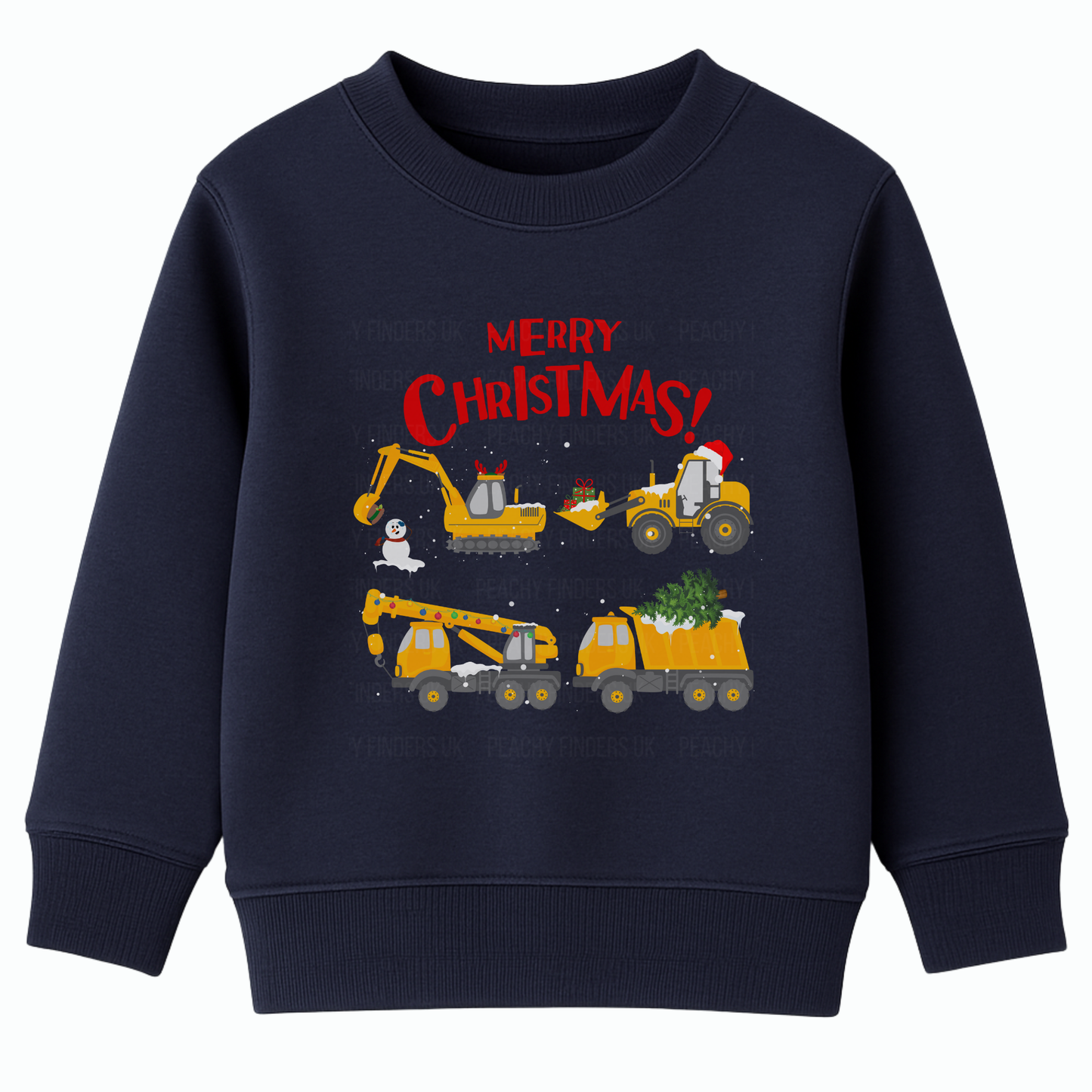 Navy kids Christmas sweatshirt featuring festive construction vehicles, including diggers and trucks carrying presents and a Christmas tree, with “Merry Christmas!” text on top.
