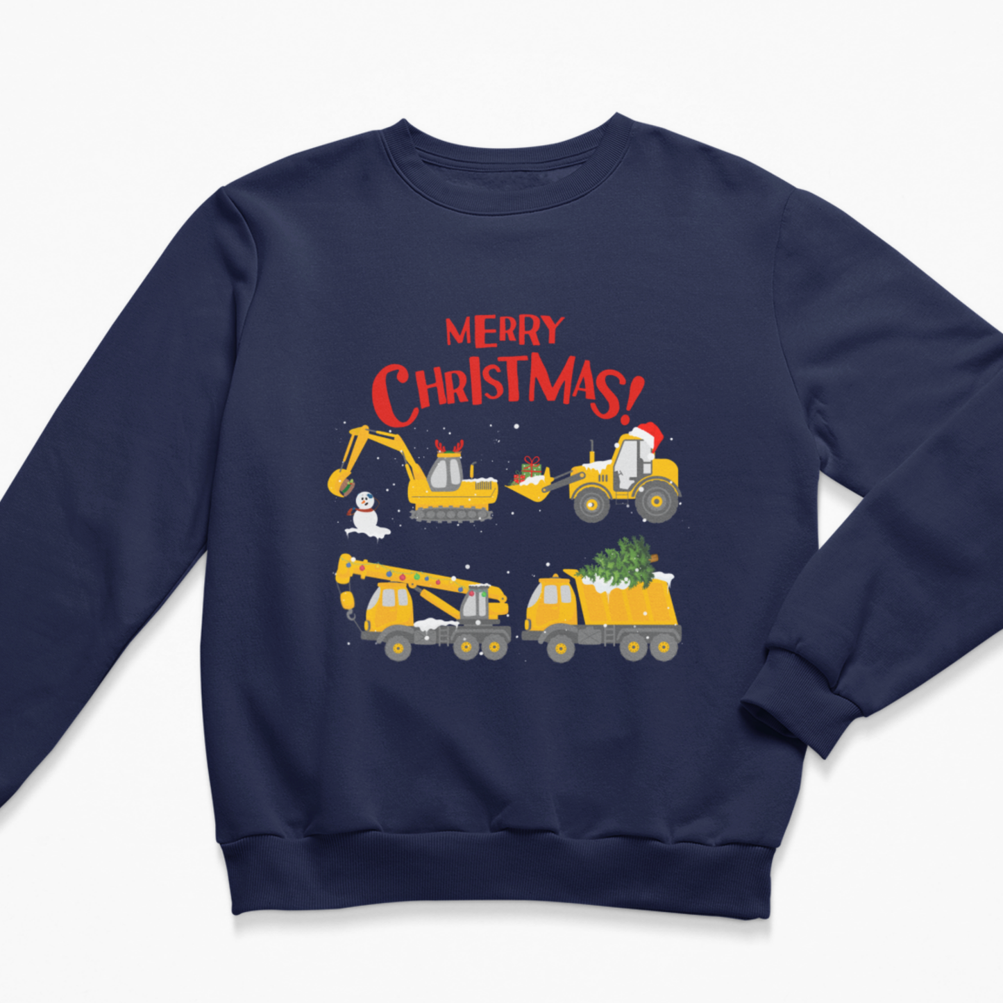 A kids navy blue crewneck sweatshirt featuring a festive Christmas graphic with construction vehicles carrying holiday items and the text 'MERRY CHRISTMAS!' in red.