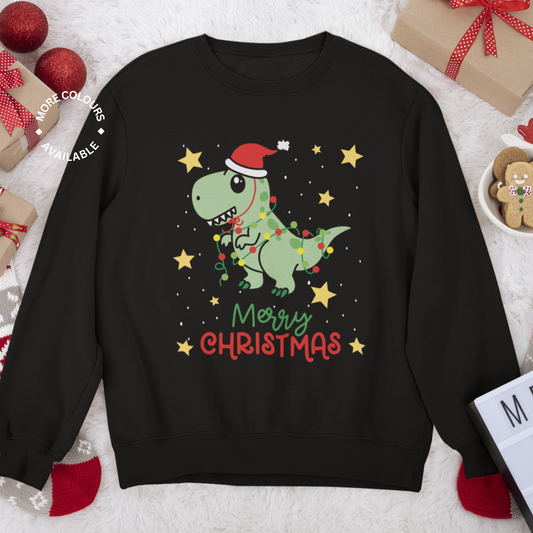 boys black sweatshirt with a printed christmas themed dinosaur with yellow stars and the text Merry Christmas