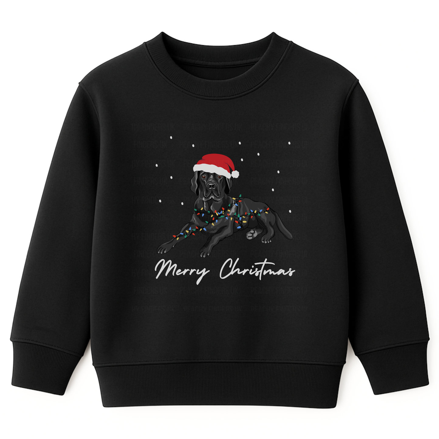 Kids Christmas sweatshirt featuring a black Labrador wearing a Santa hat and wrapped in colourful fairy lights, with "Merry Christmas" text underneath.