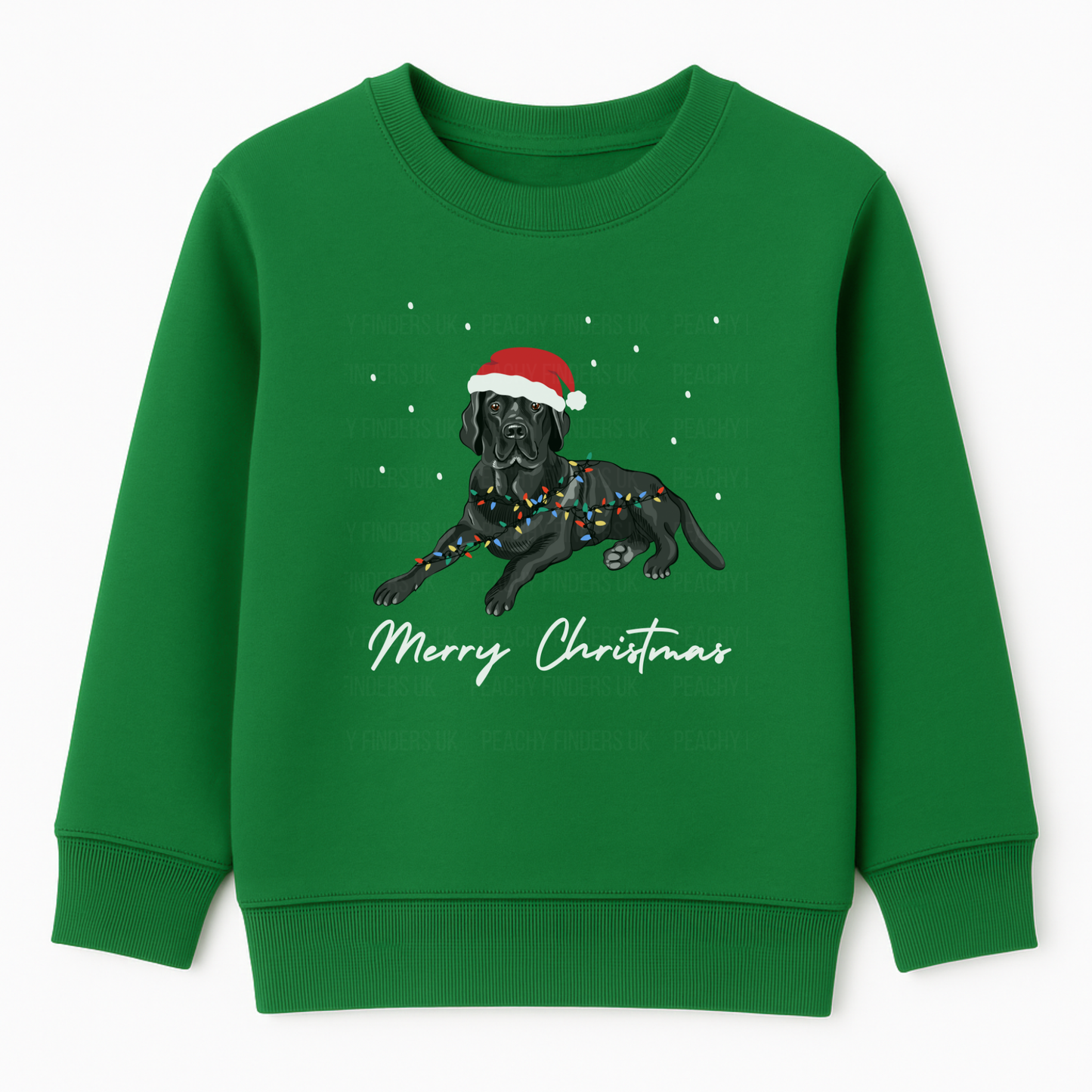 Kids green Christmas sweatshirt featuring a black Labrador wearing a Santa hat and wrapped in colourful fairy lights, with "Merry Christmas" text underneath.