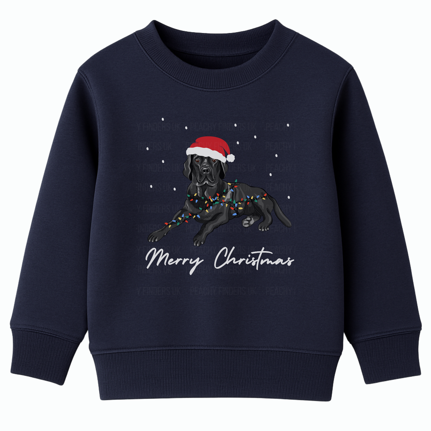 Kids navy Christmas sweatshirt featuring a black Labrador wearing a Santa hat and wrapped in colourful fairy lights, with "Merry Christmas" text underneath.