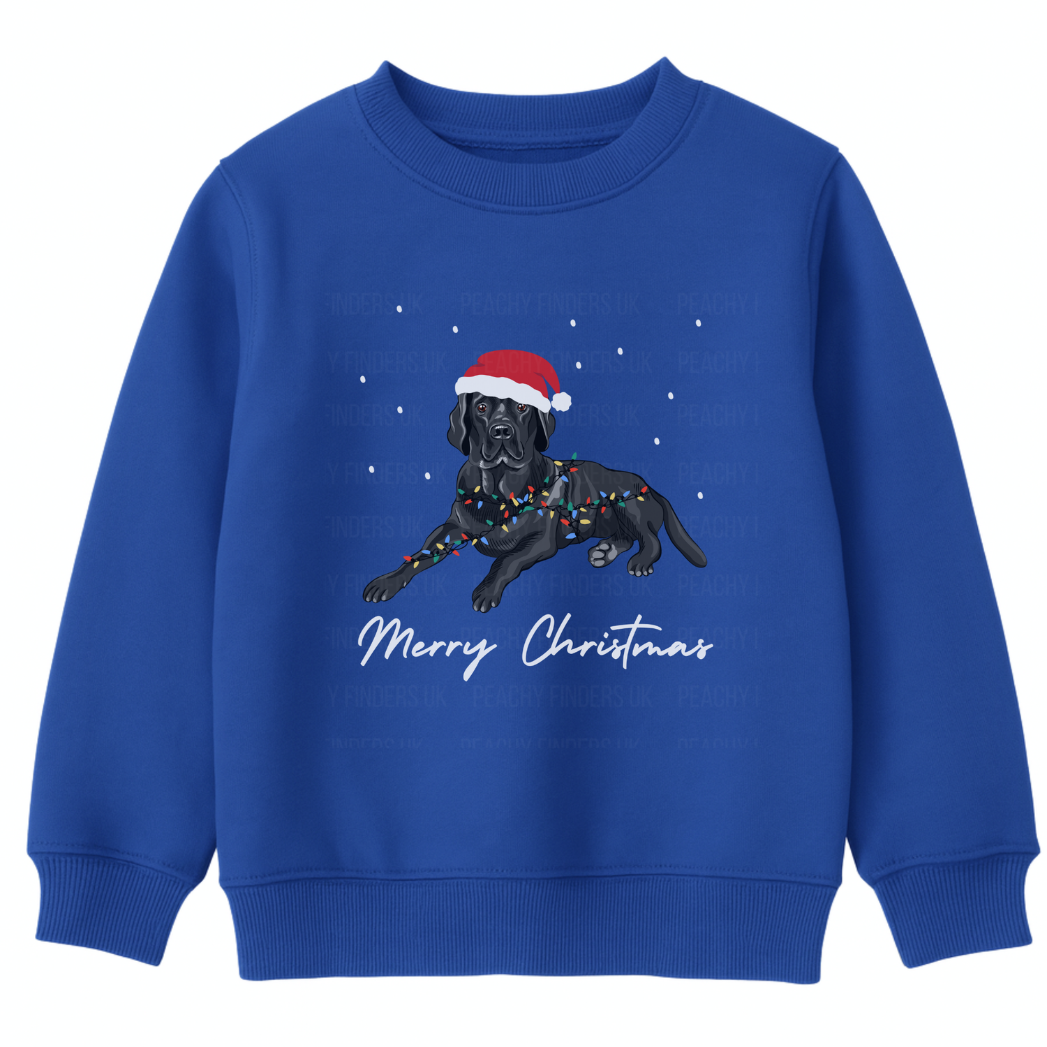 Kids royal blue Christmas sweatshirt featuring a black Labrador wearing a Santa hat and wrapped in colourful fairy lights, with "Merry Christmas" text underneath.