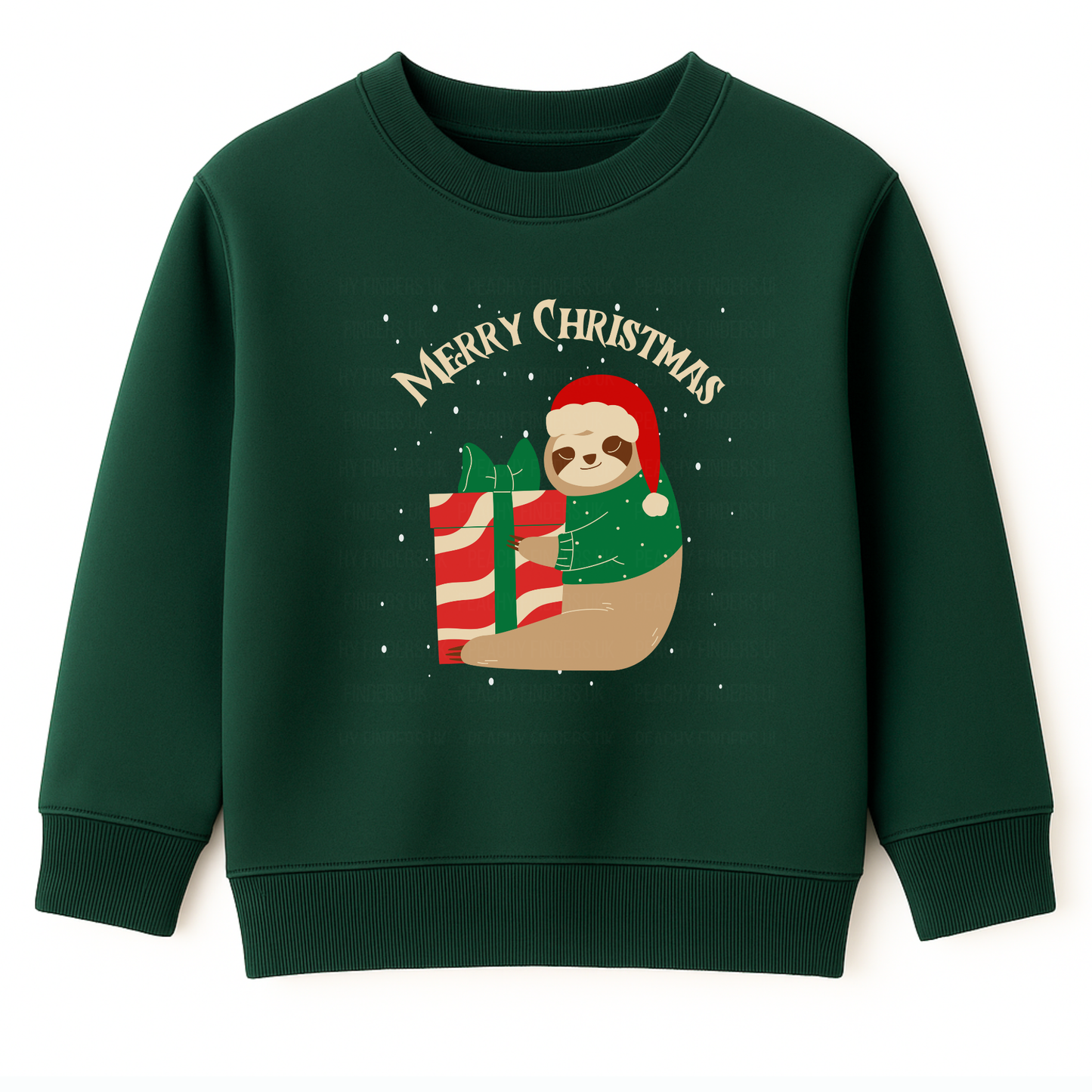 Kids dark green Christmas sweatshirt featuring a cute sloth wearing a Santa hat and festive jumper, hugging a large red and white gift box with snow falling behind.