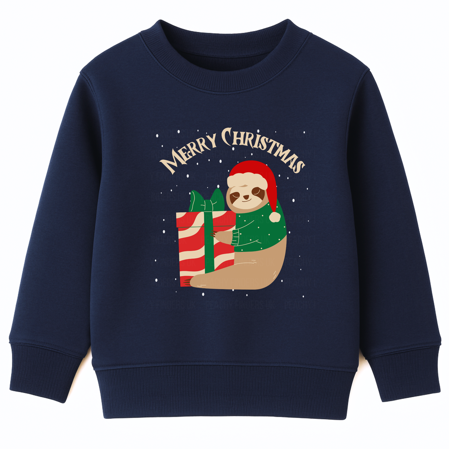 Kids navy Christmas sweatshirt featuring a cute sloth wearing a Santa hat and festive jumper, hugging a large red and white gift box with snow falling behind.