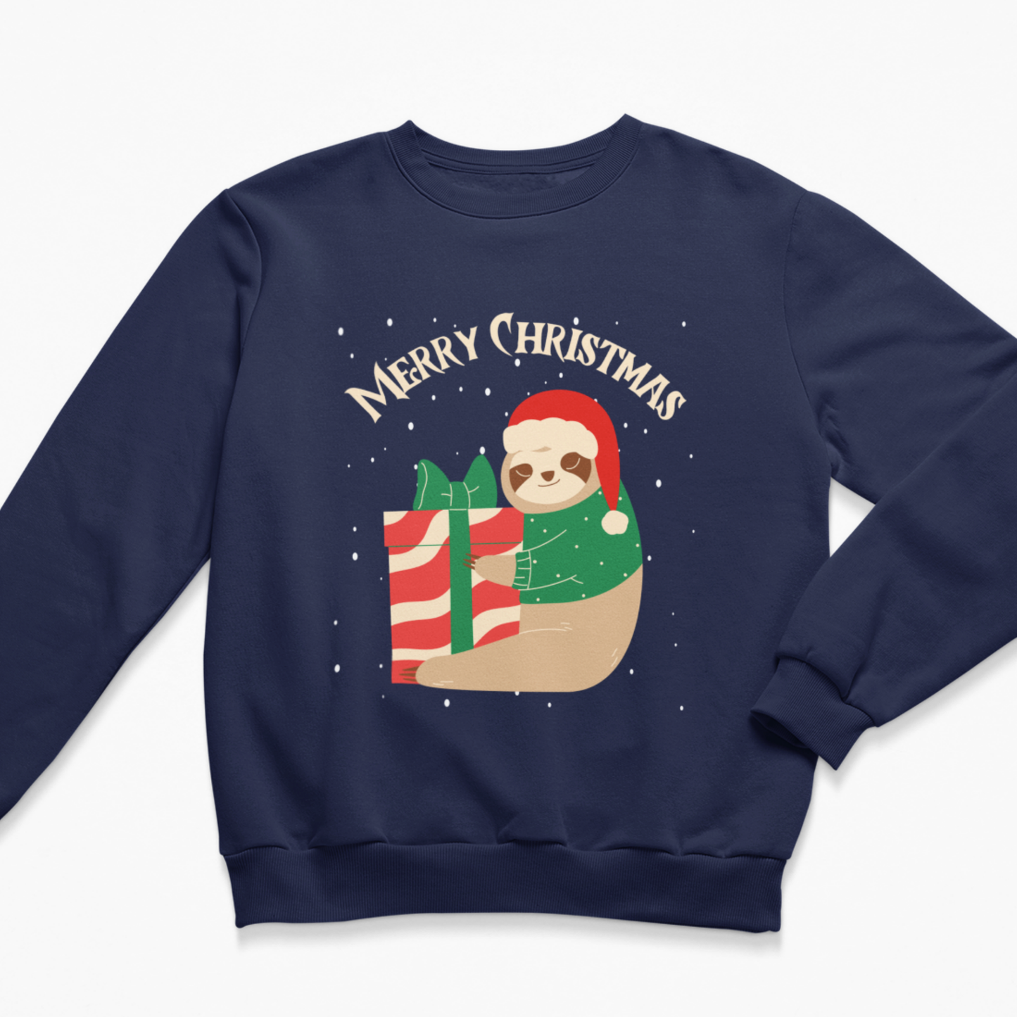 A kids navy blue crewneck sweatshirt featuring a festive Christmas graphic of a sloth in a red Santa hat hugging a red and green striped gift, with 'Merry Christmas' written above in cream text.
