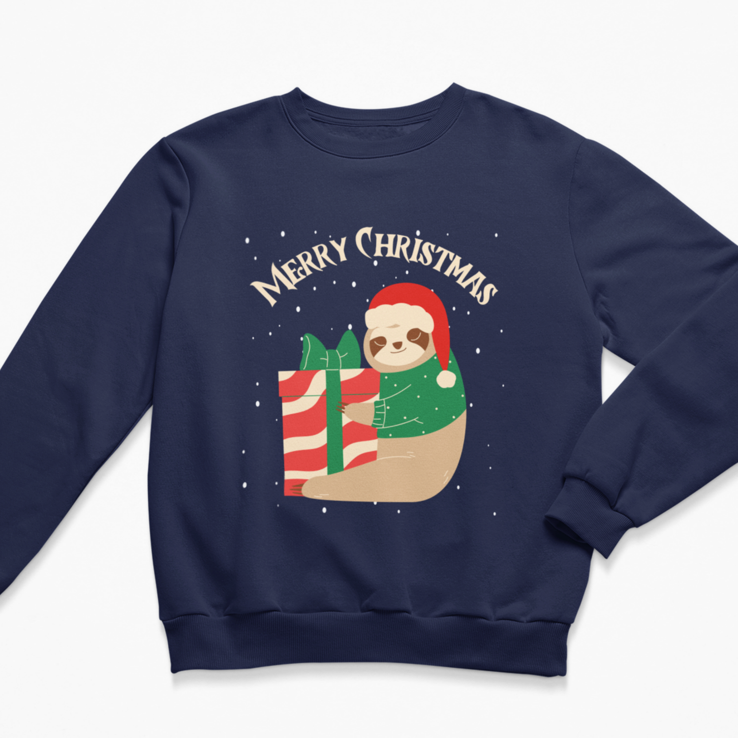 A kids navy blue crewneck sweatshirt featuring a festive Christmas graphic of a sloth in a red Santa hat hugging a red and green striped gift, with 'Merry Christmas' written above in cream text.