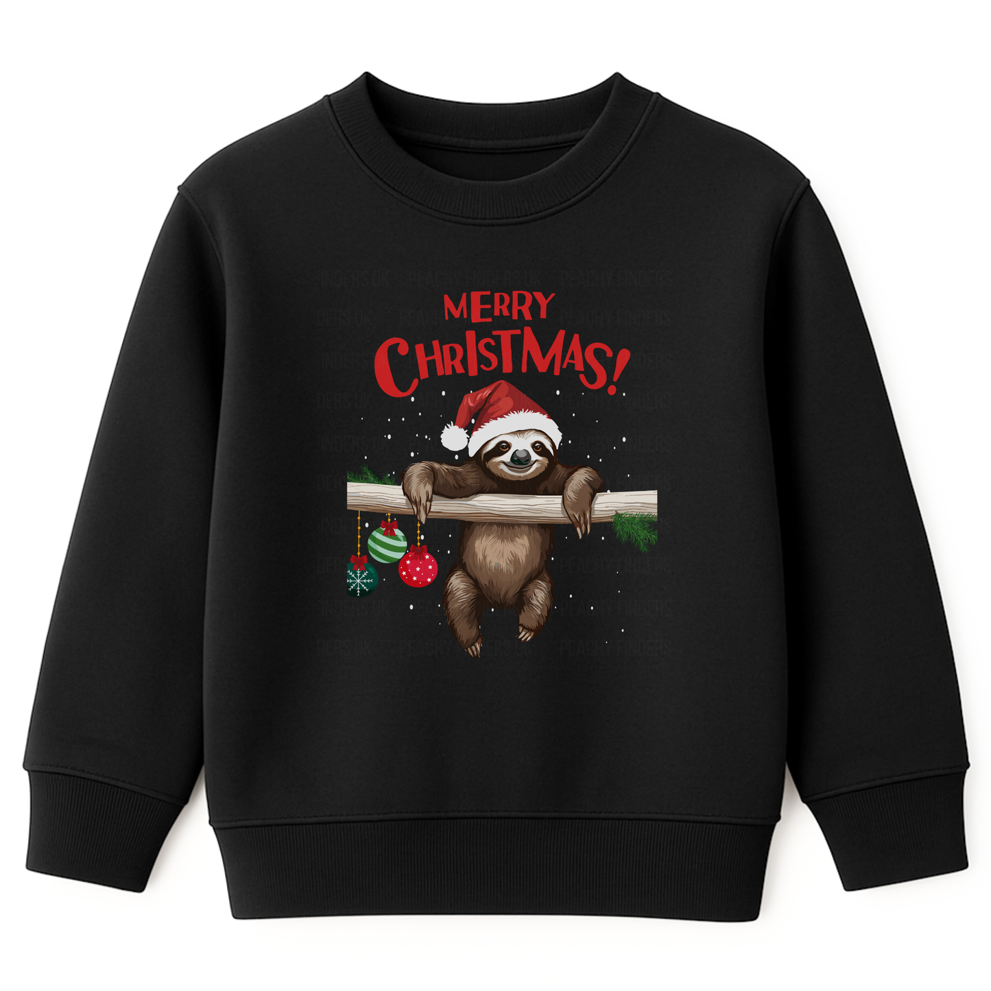 Kids black sweatshirt with a graphic of a sloth wearing a Santa hat, surrounded by festive ornaments, and red text 'Merry Christmas!' 
