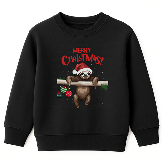 Kids black sweatshirt with a graphic of a sloth wearing a Santa hat, surrounded by festive ornaments, and red text 'Merry Christmas!' 