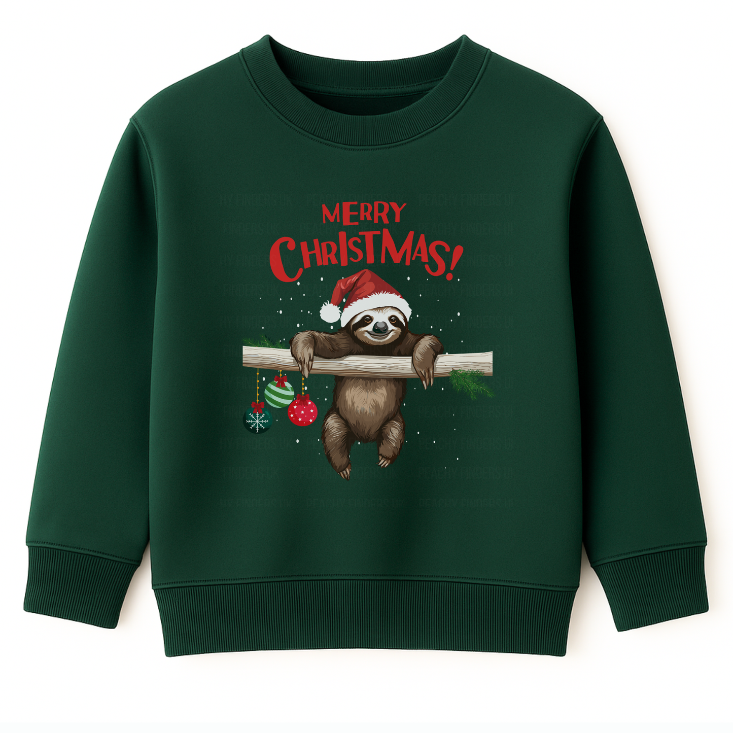 Kids dark green jumper with a graphic of a sloth wearing a Santa hat, surrounded by festive ornaments, and red text 'Merry Christmas!' 